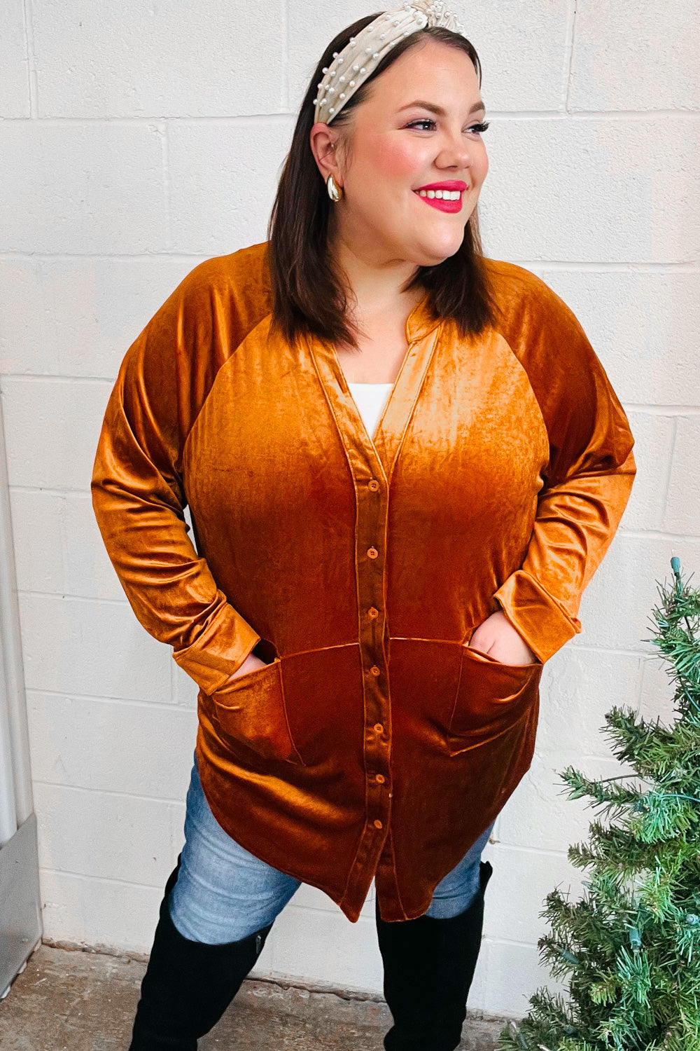 Dazzling Velvet Button Down Tunic Top • Rust