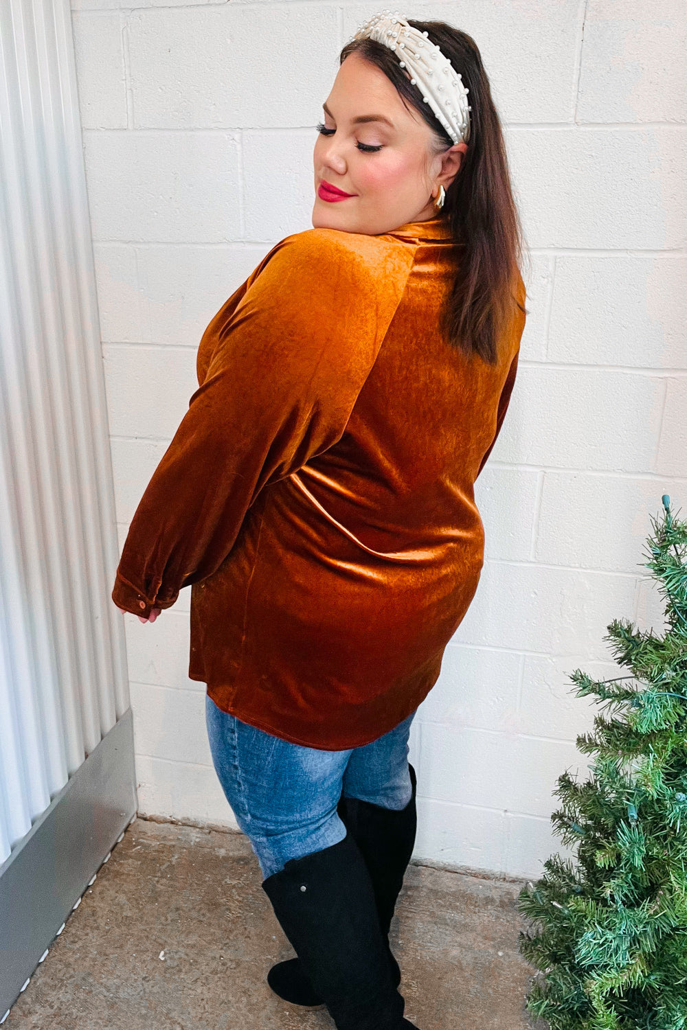 Dazzling Velvet Button Down Tunic Top • Rust