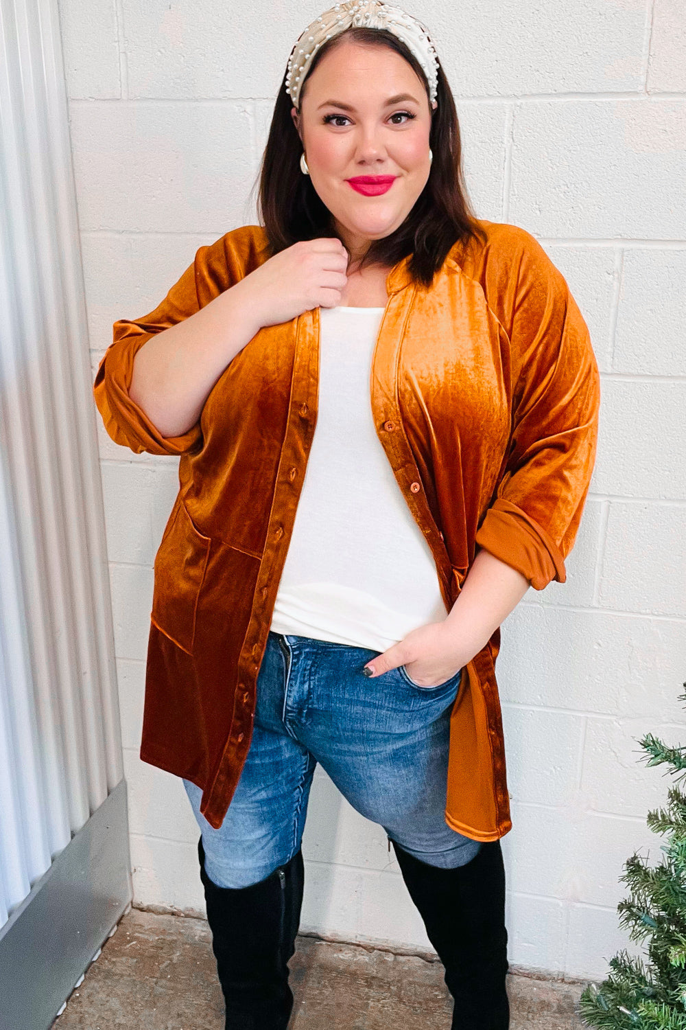 Dazzling Velvet Button Down Tunic Top • Rust