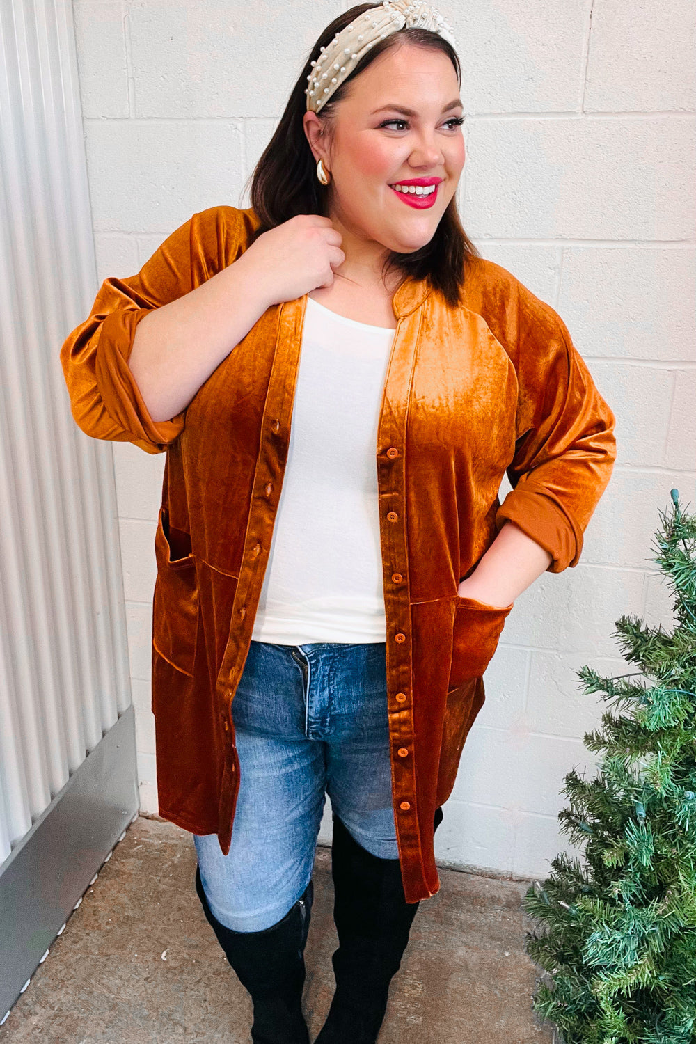 Dazzling Velvet Button Down Tunic Top • Rust