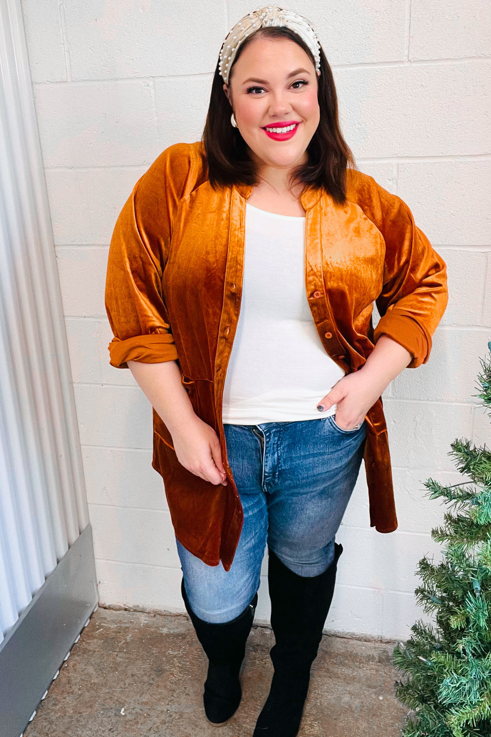 Dazzling Velvet Button Down Tunic Top • Rust