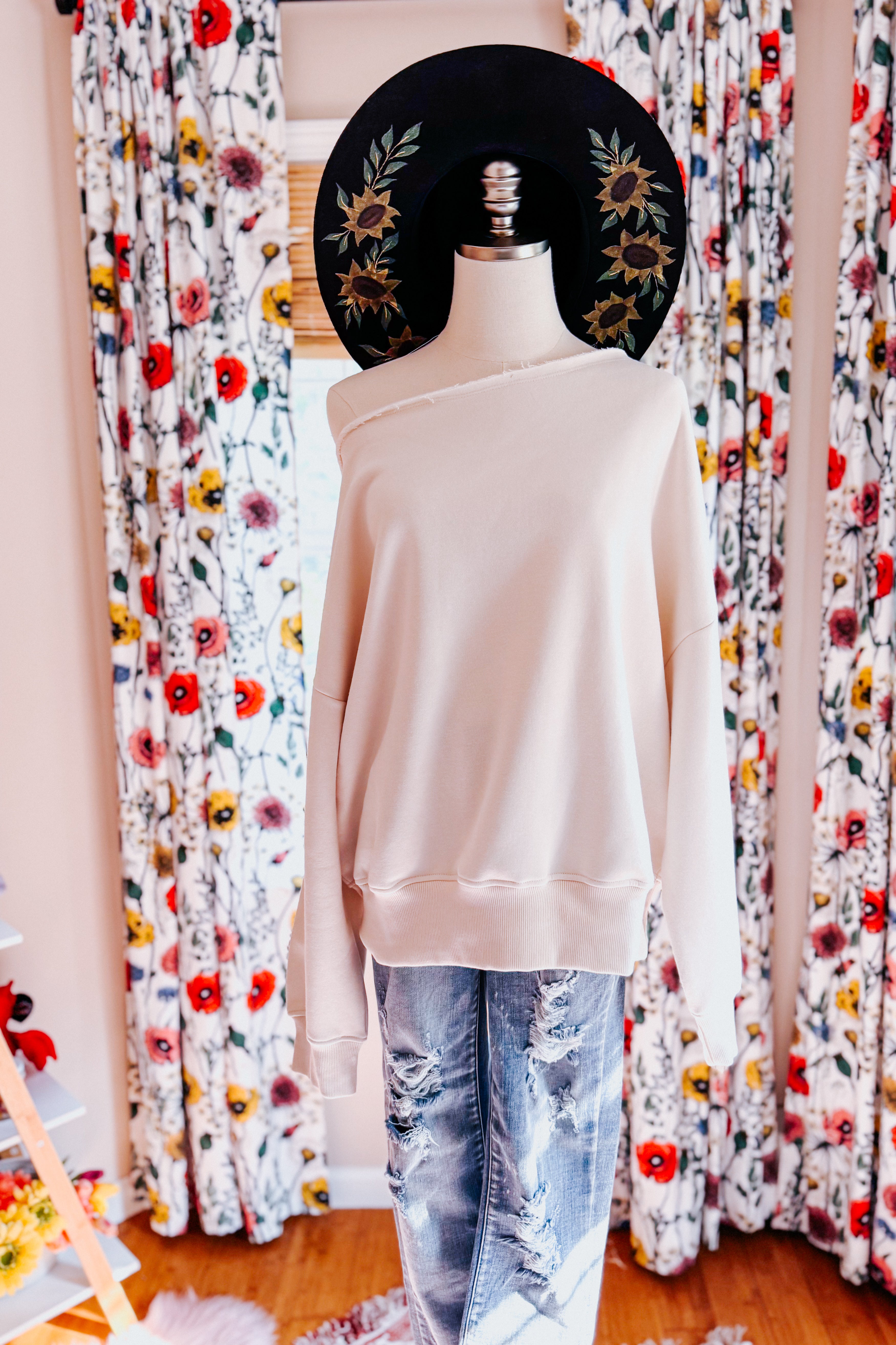 Side Hustle Off Shoulder Long Sleeve Top • Bone