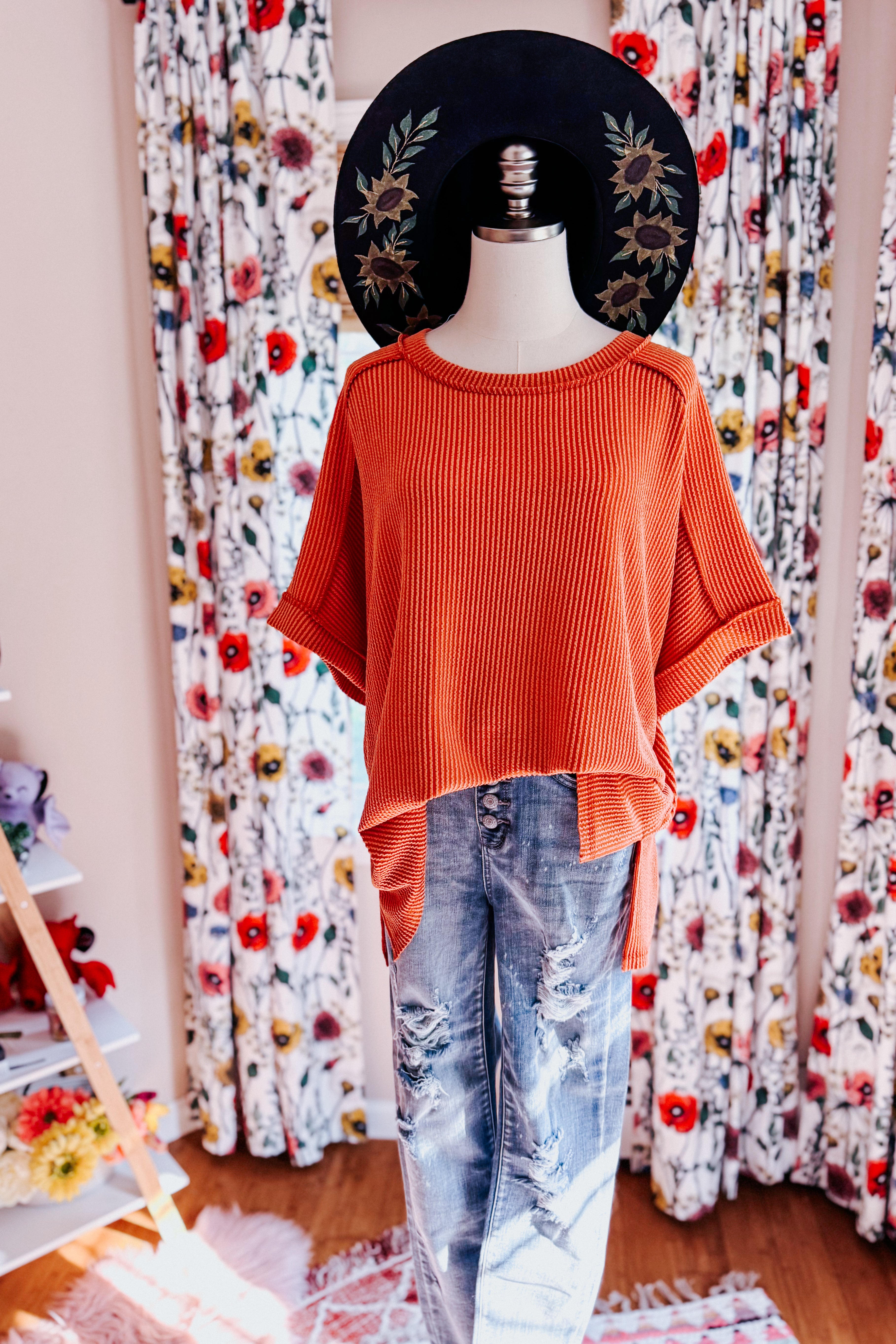 Catch Me Loungin’ Cable Ribbed Knit Top • Burnt Orange