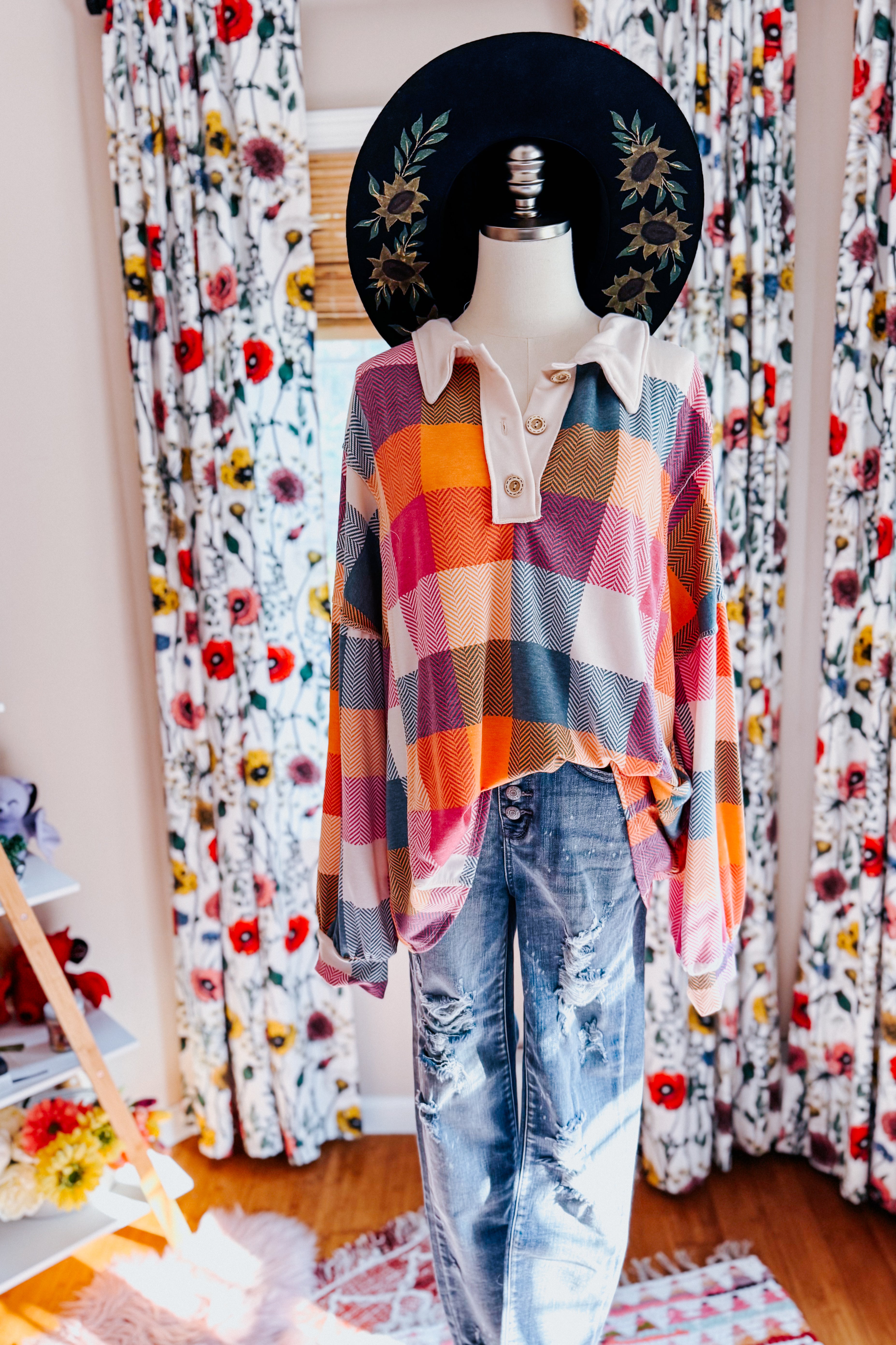 Just Right Checkered Long Sleeve Top • Berry