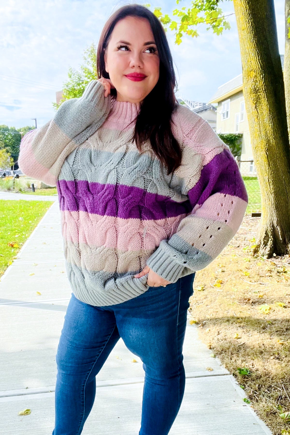 Your Blessings Stripe Cable Knit Mock Neck Sweater • Mauve