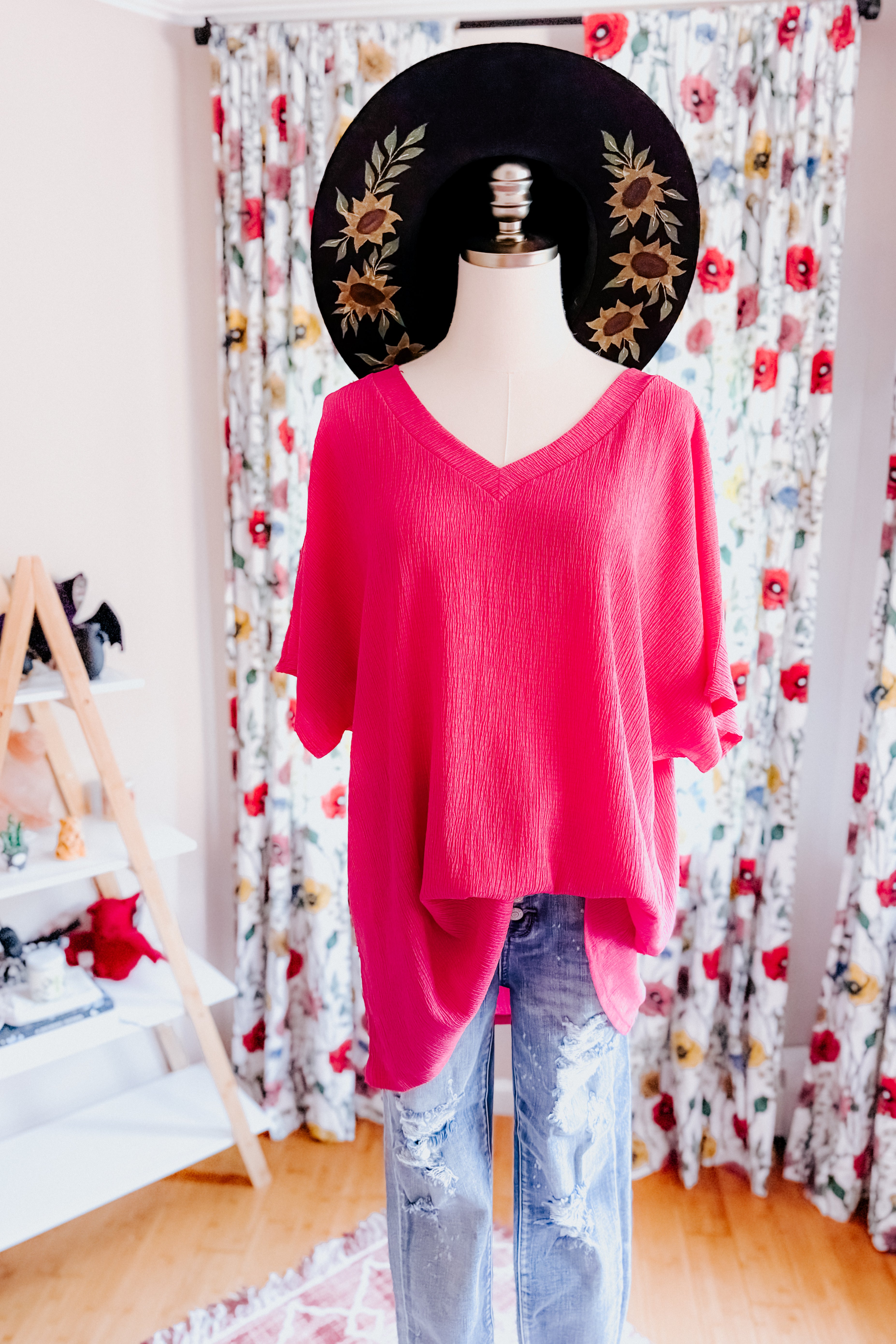 Trial and Error Textured V-Neck Blouse • Magenta