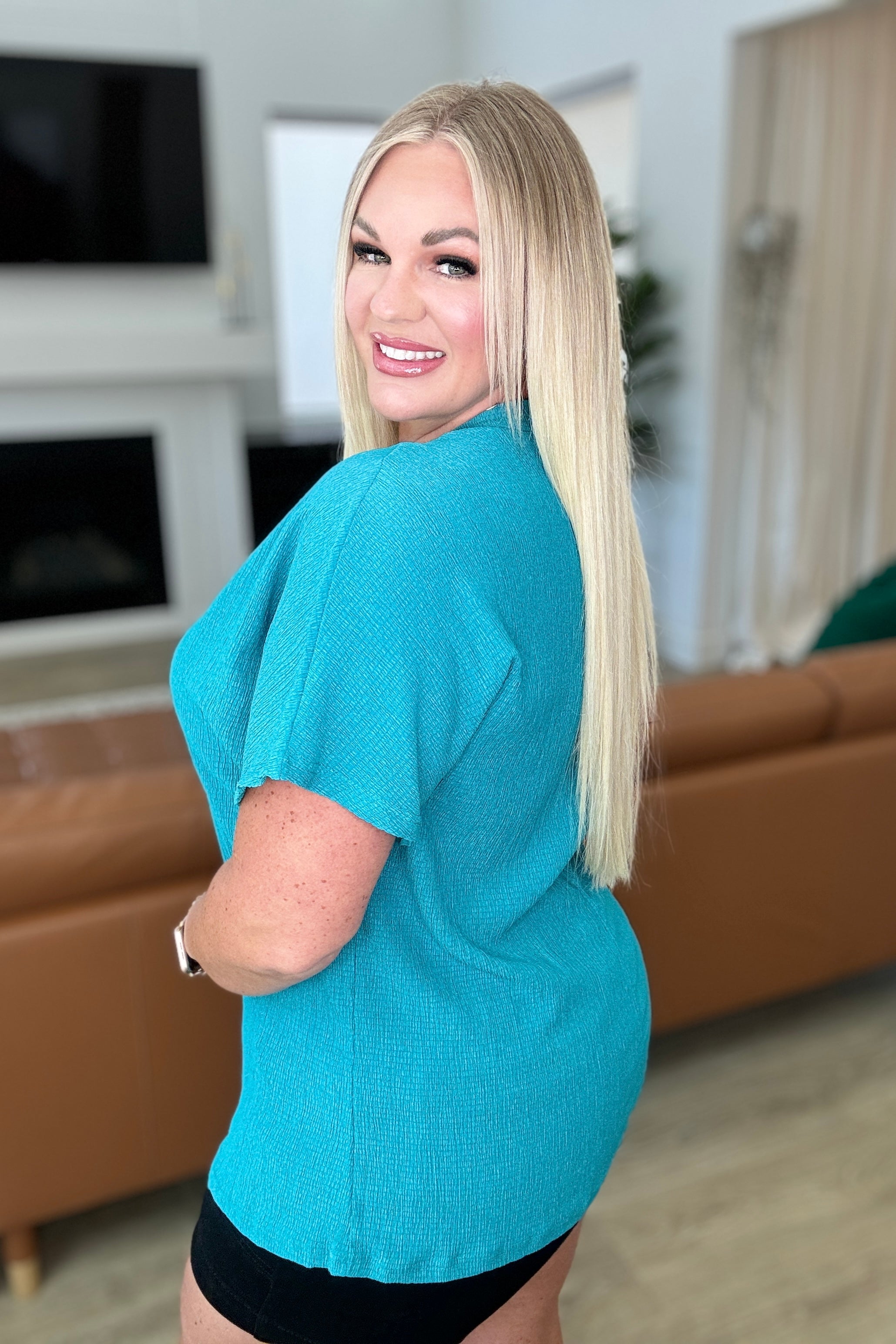 Trial and Error Textured V-Neck Blouse • Teal