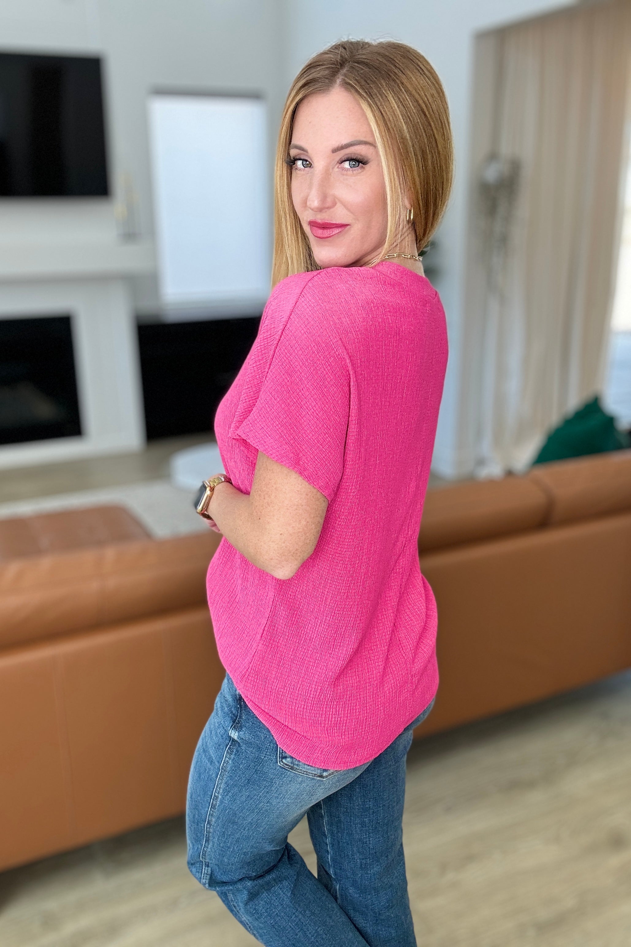 Trial and Error Textured V-Neck Blouse • Magenta