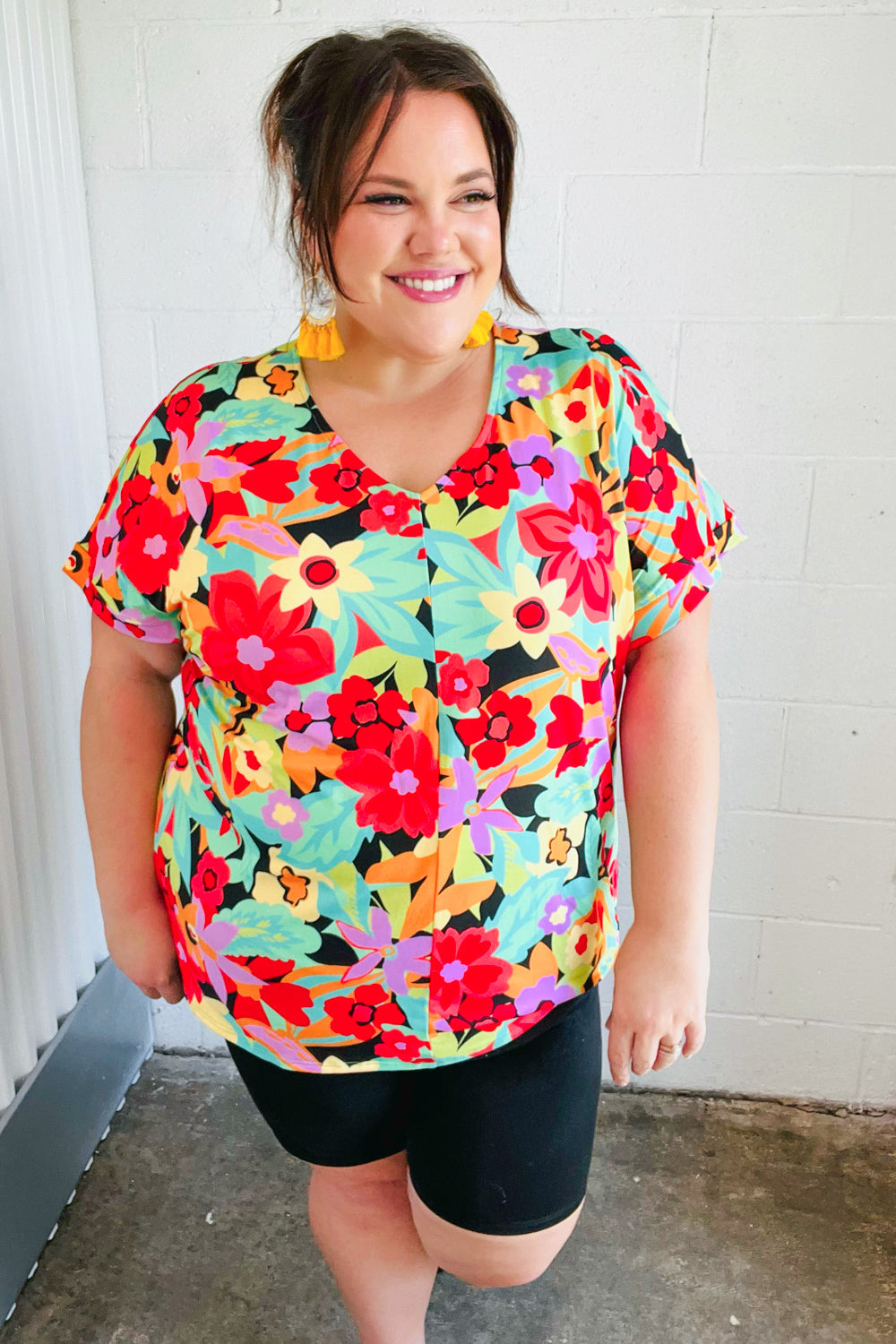 Happy Day Floral V Neck Drop Shoulder Top - Atomic Wildflower