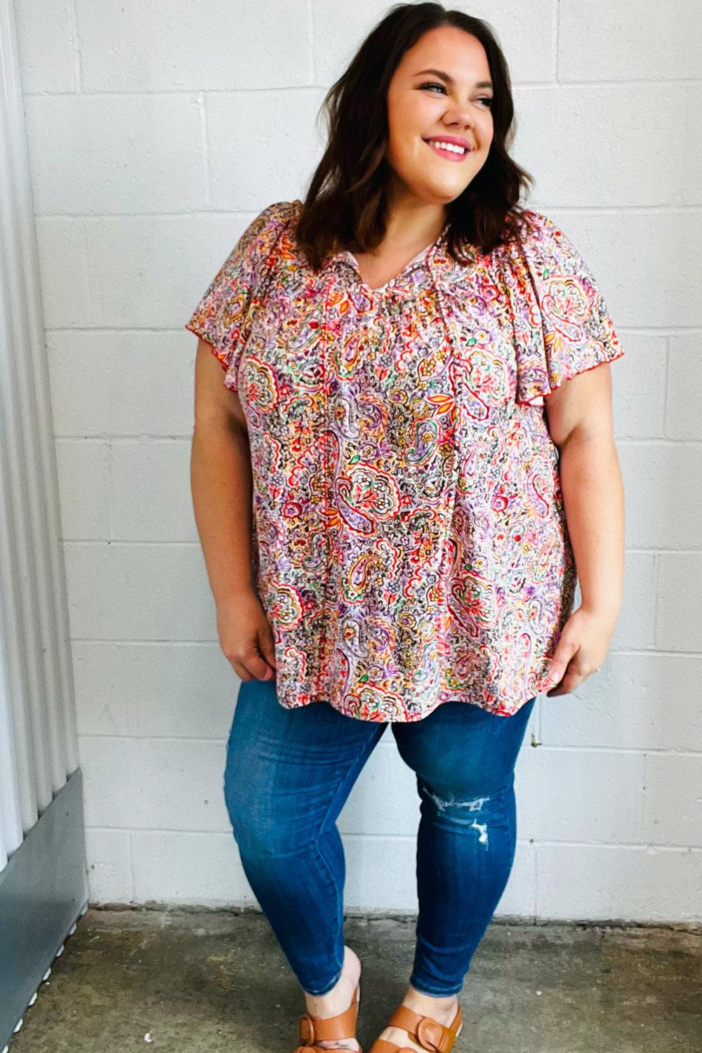 Betty Paisley Print Tie Neck Dolman Top - Atomic Wildflower