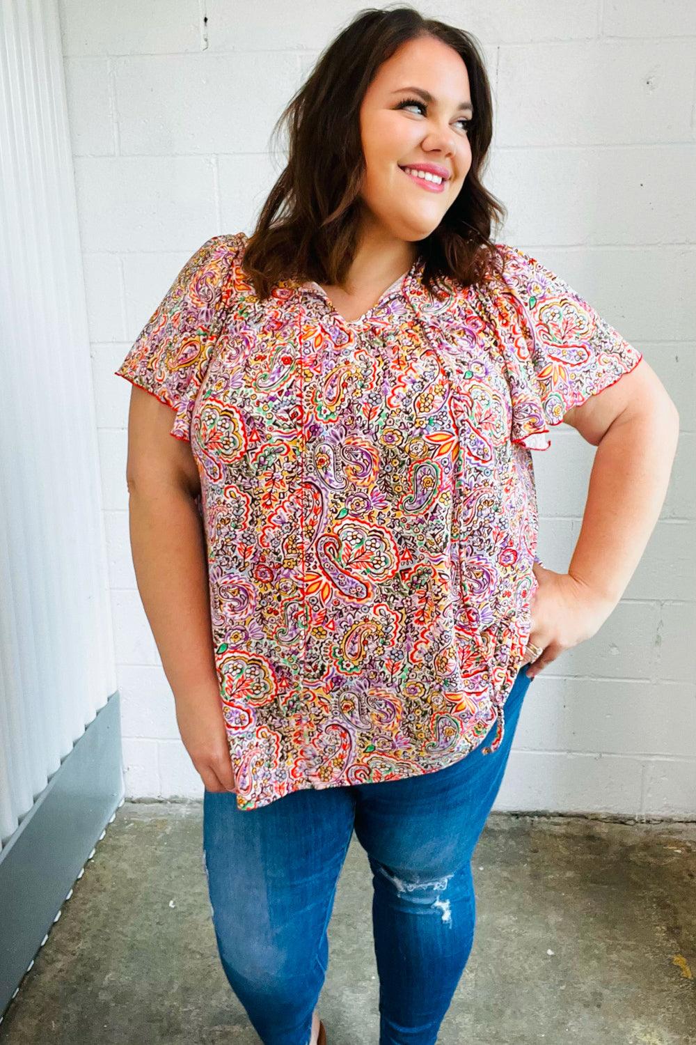Betty Paisley Print Tie Neck Dolman Top - Atomic Wildflower