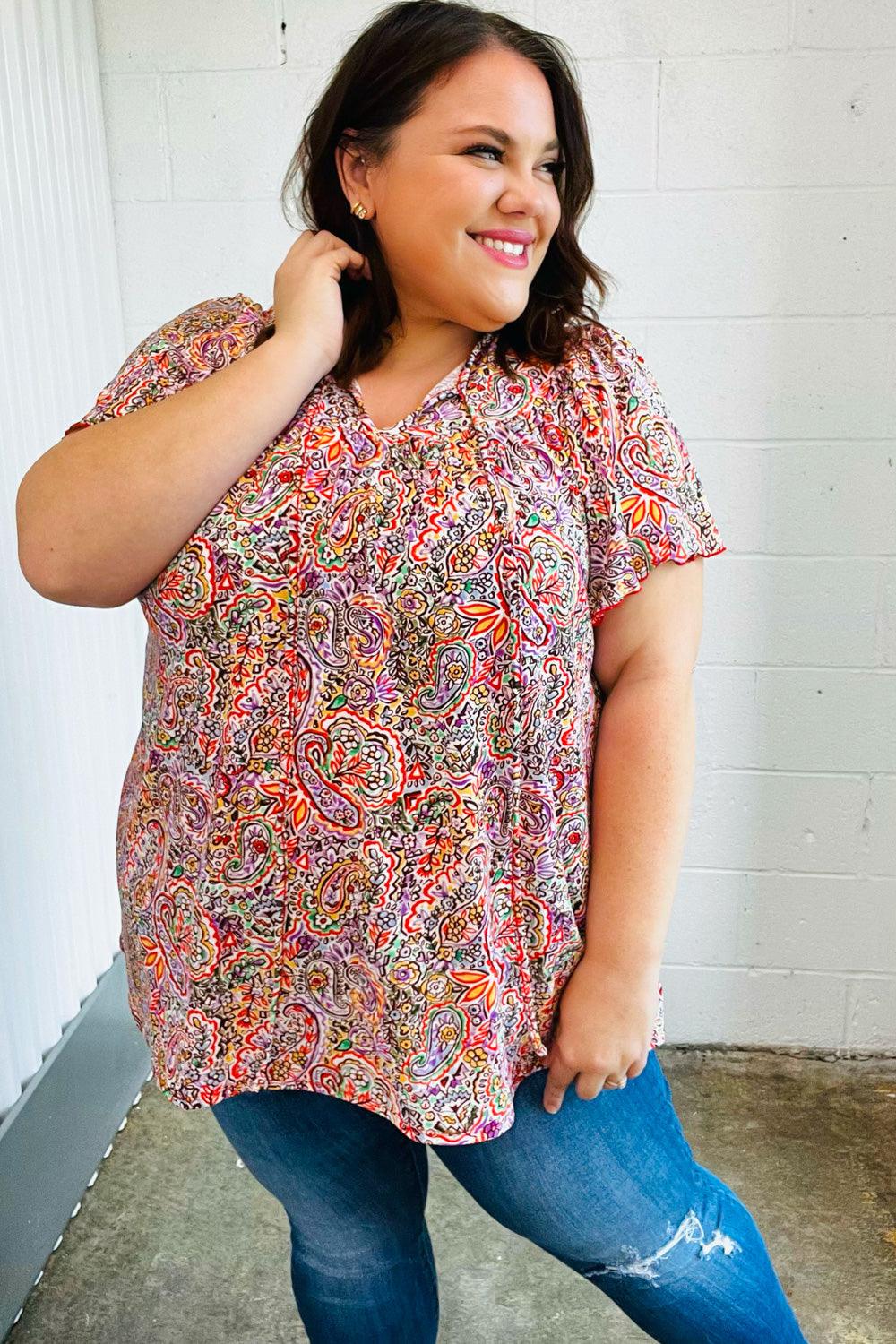 Betty Paisley Print Tie Neck Dolman Top - Atomic Wildflower