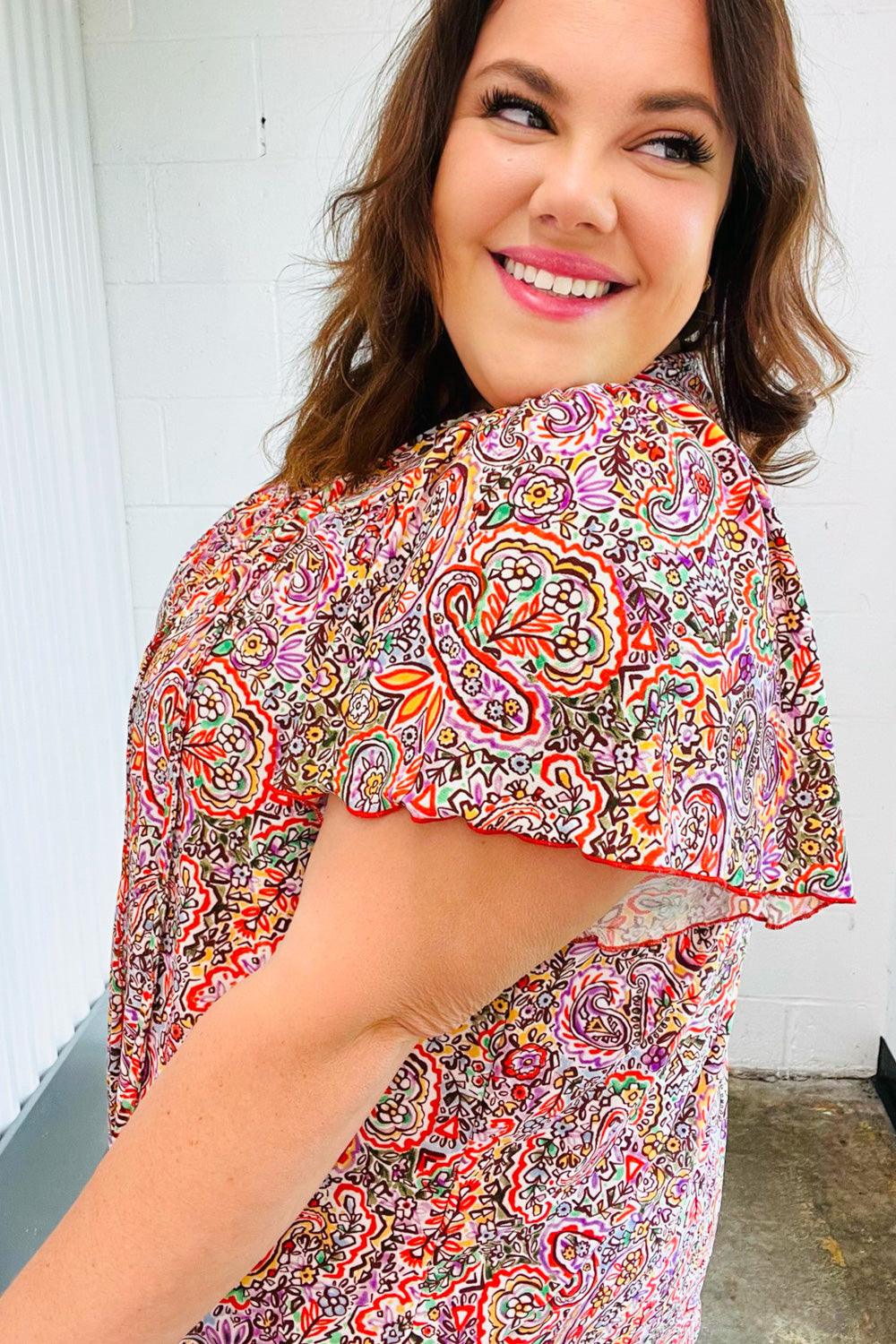 Betty Paisley Print Tie Neck Dolman Top - Atomic Wildflower