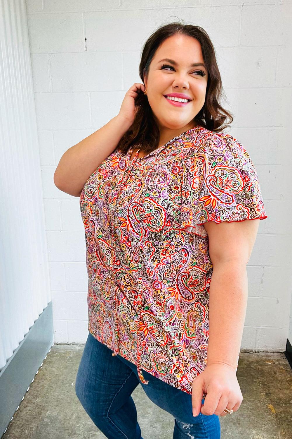 Betty Paisley Print Tie Neck Dolman Top - Atomic Wildflower