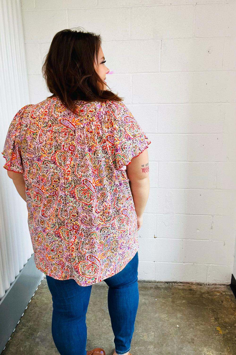 Betty Paisley Print Tie Neck Dolman Top - Atomic Wildflower