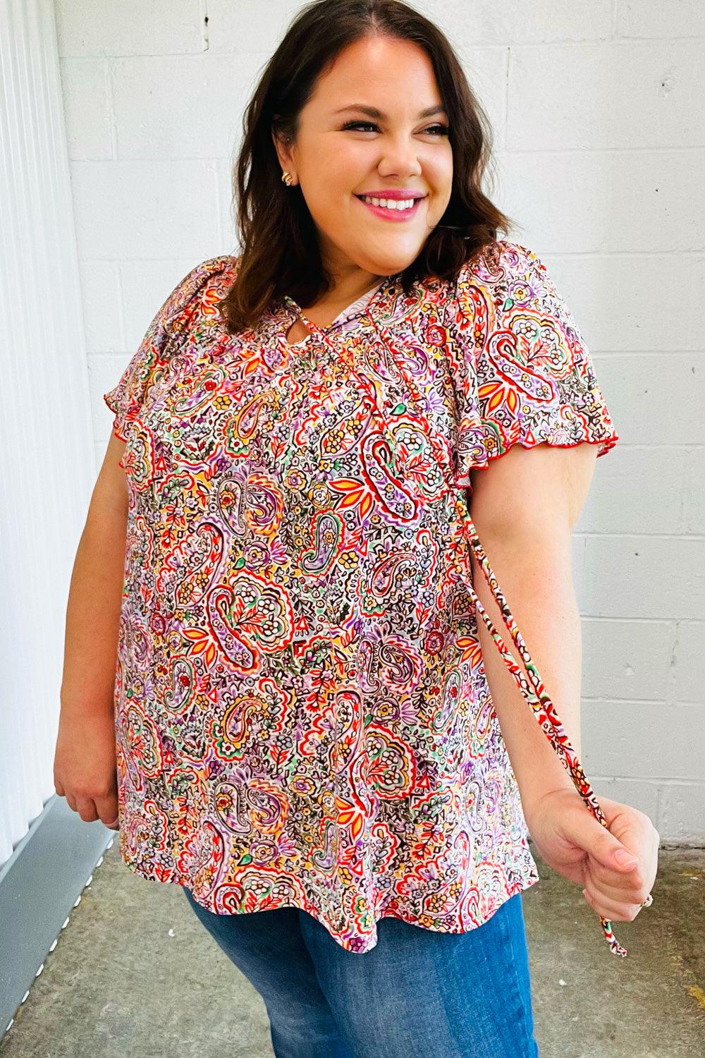 Betty Paisley Print Tie Neck Dolman Top - Atomic Wildflower