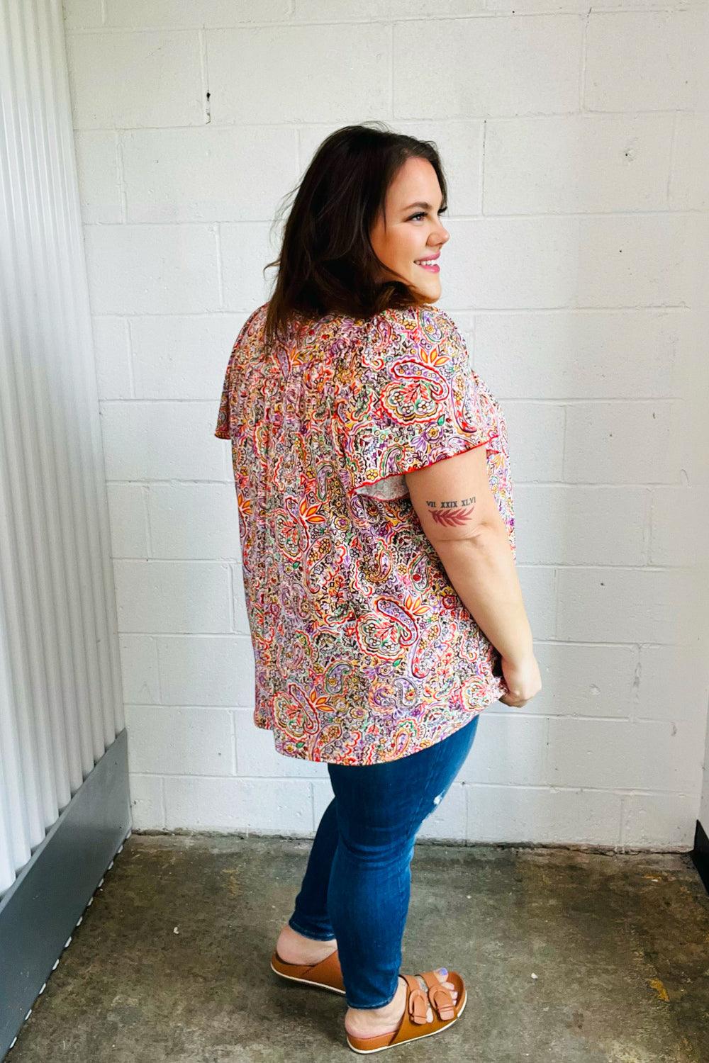 Betty Paisley Print Tie Neck Dolman Top - Atomic Wildflower