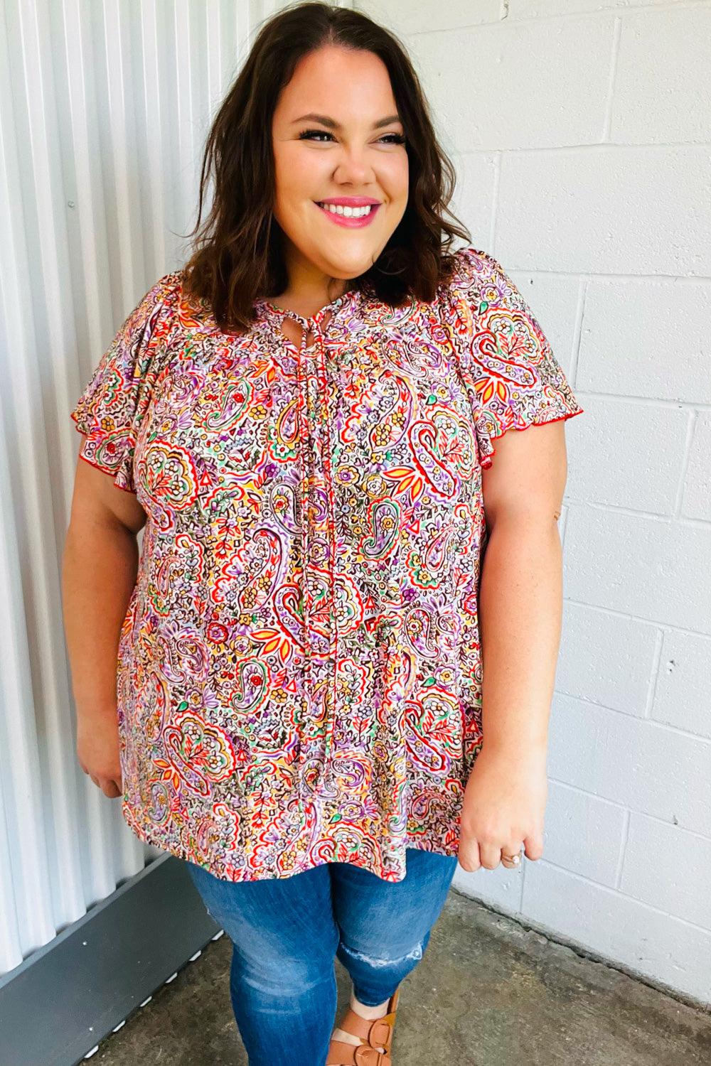 Betty Paisley Print Tie Neck Dolman Top - Atomic Wildflower