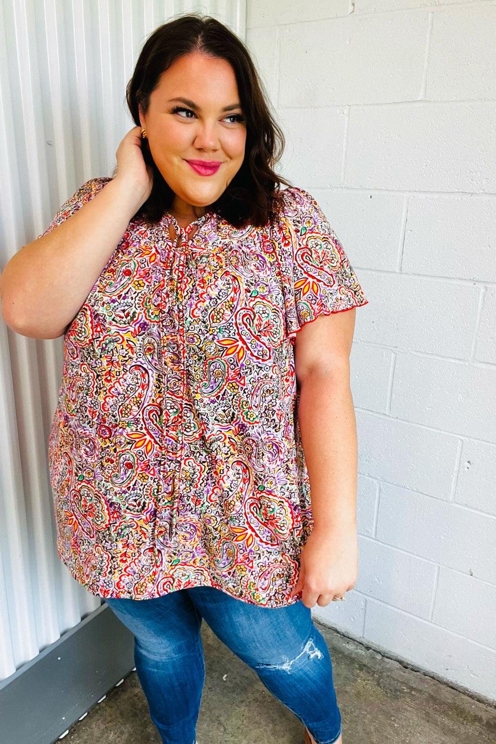 Betty Paisley Print Tie Neck Dolman Top - Atomic Wildflower