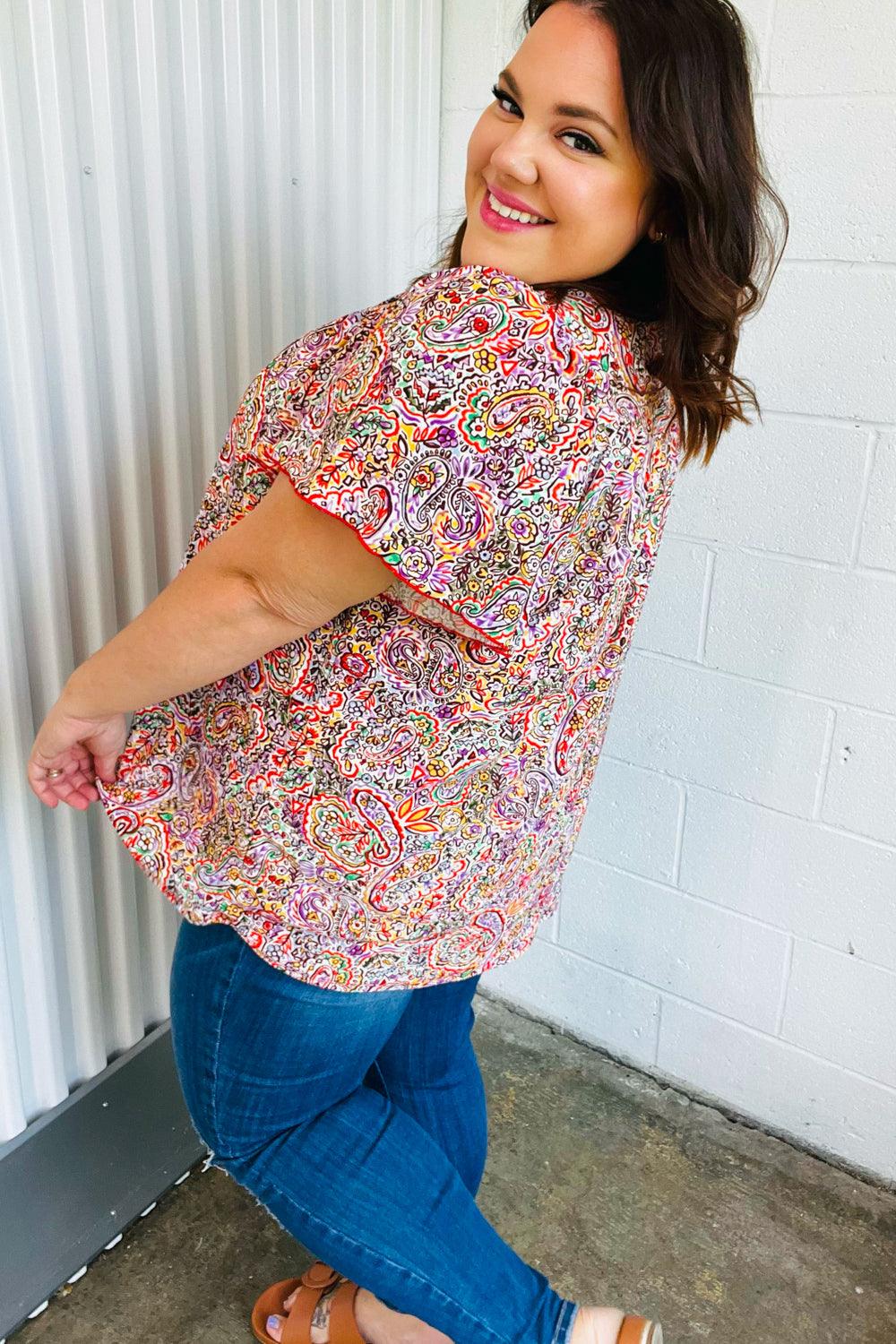 Betty Paisley Print Tie Neck Dolman Top - Atomic Wildflower