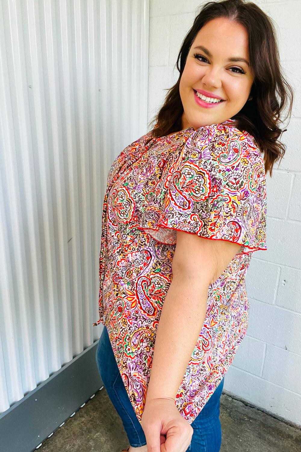 Betty Paisley Print Tie Neck Dolman Top - Atomic Wildflower