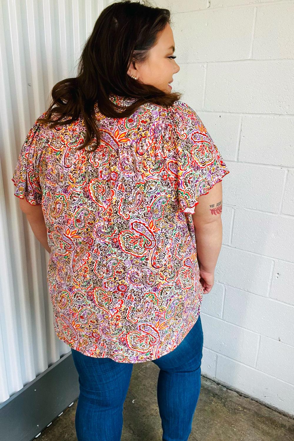 Betty Paisley Print Tie Neck Dolman Top - Atomic Wildflower