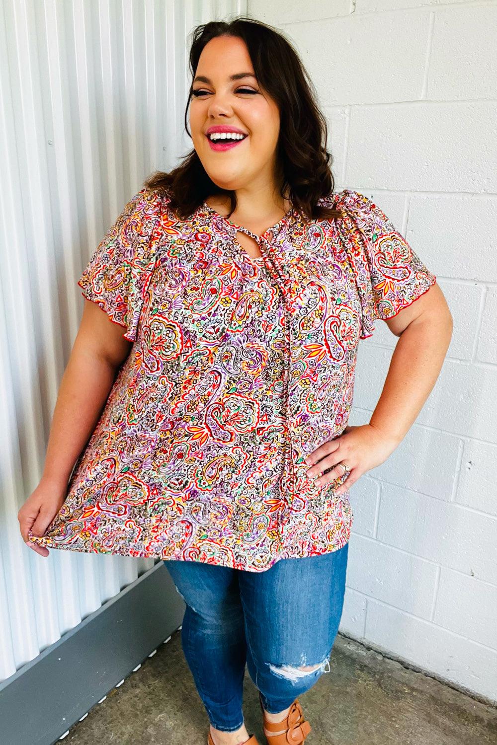 Betty Paisley Print Tie Neck Dolman Top - Atomic Wildflower