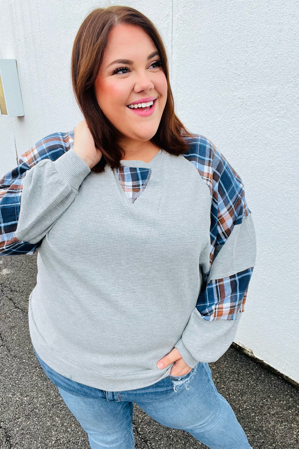 Face The Day Plaid Thermal Raglan Pullover