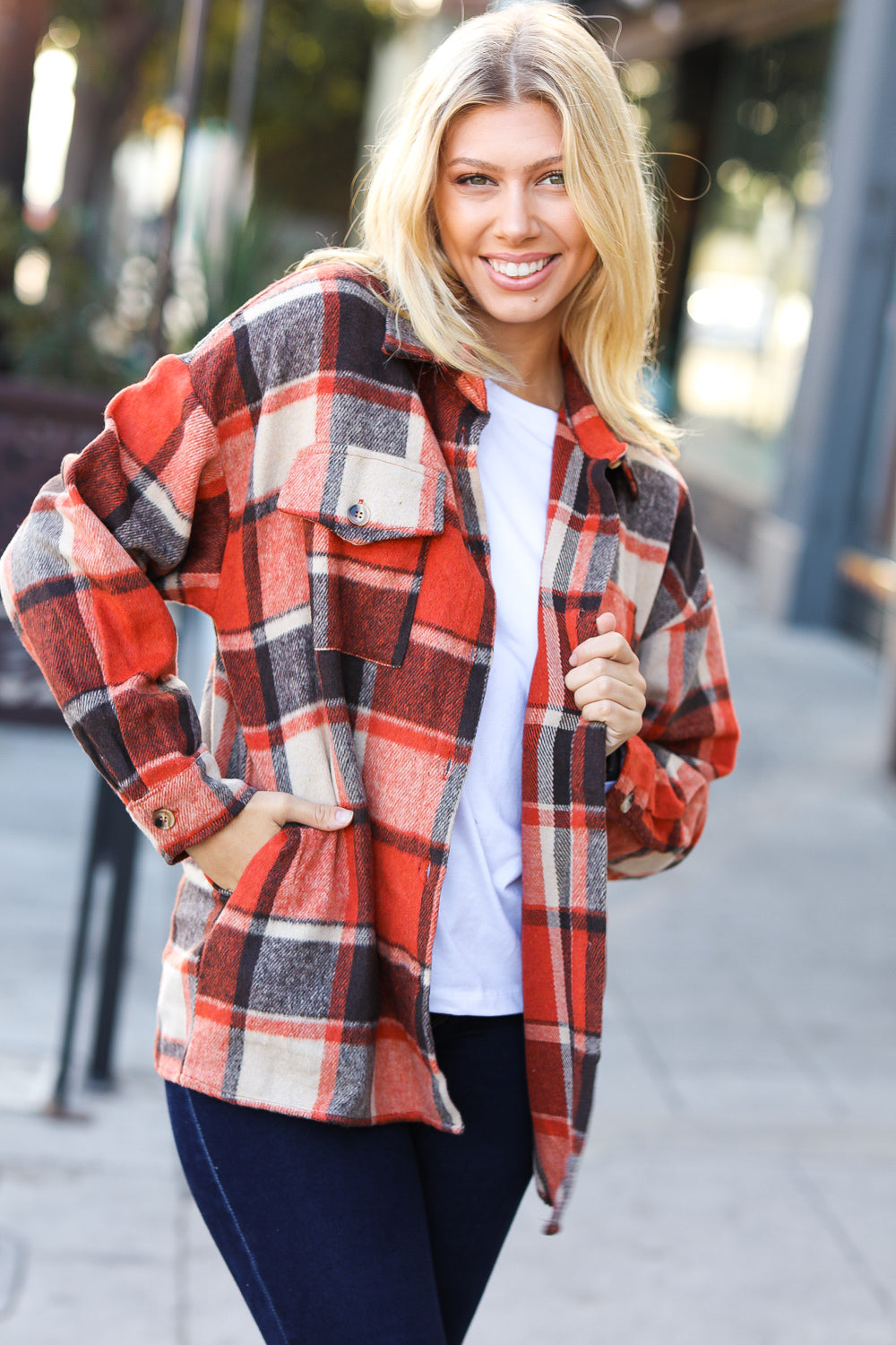 On My Way Up Plaid Flannel Button Down Shacket • Rust