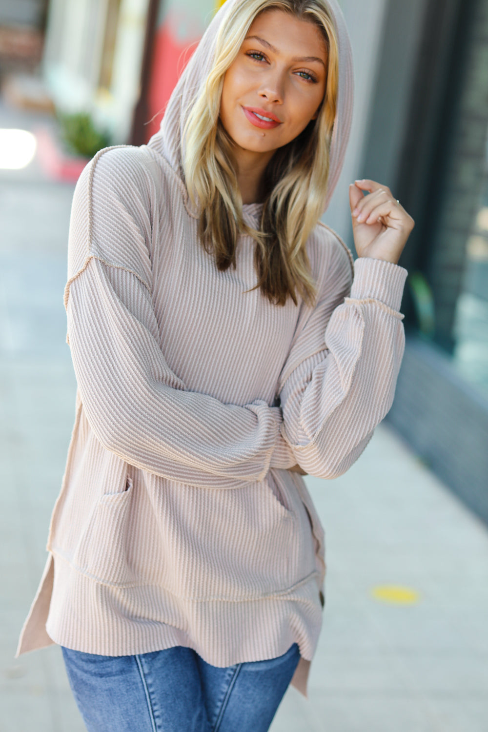 Cozy Up Mineral Wash Rib Knit Hoodie • Taupe