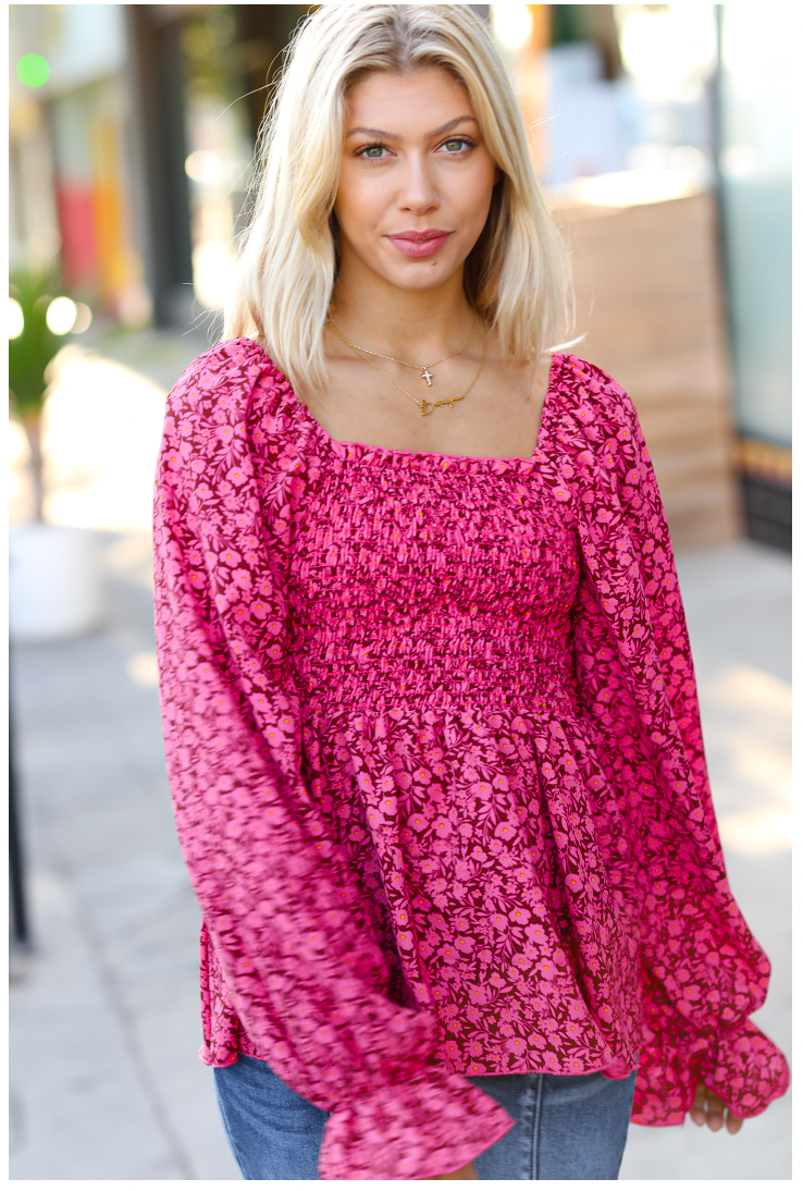 Always With You Smocked Ditzy Floral Ruffle Top • Fuchsia