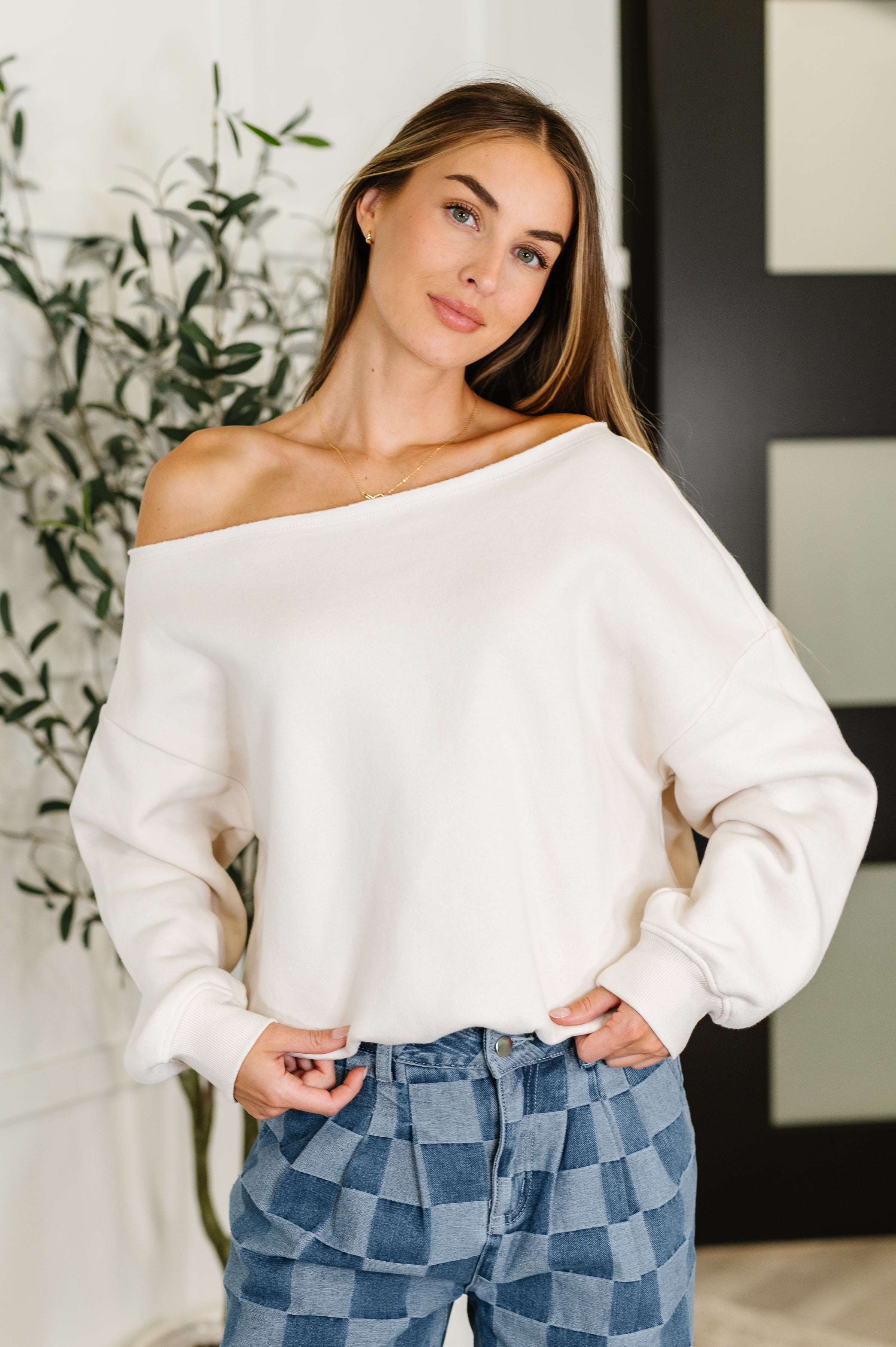 Side Hustle Off Shoulder Long Sleeve Top • Bone