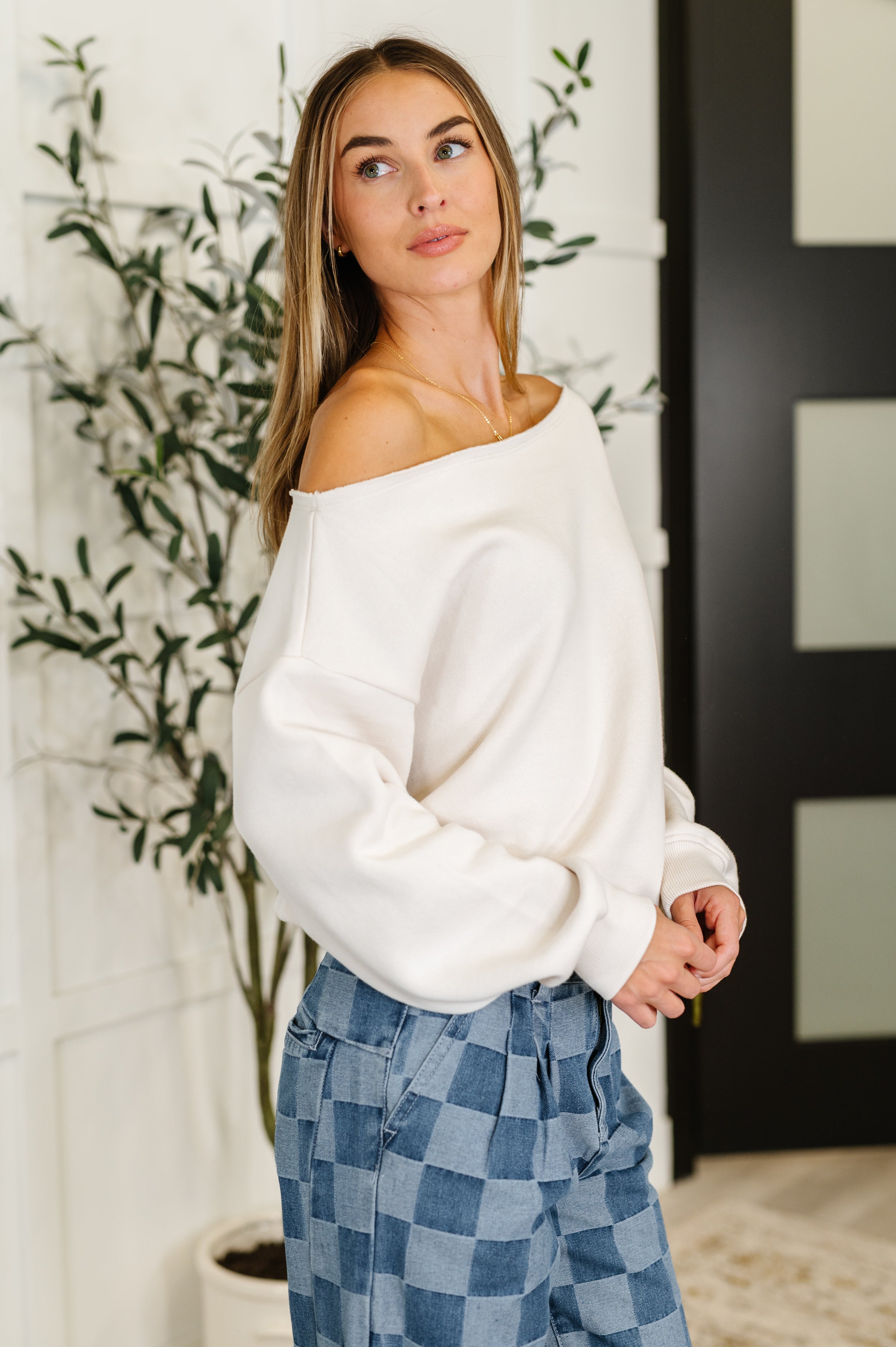 Side Hustle Off Shoulder Long Sleeve Top • Bone