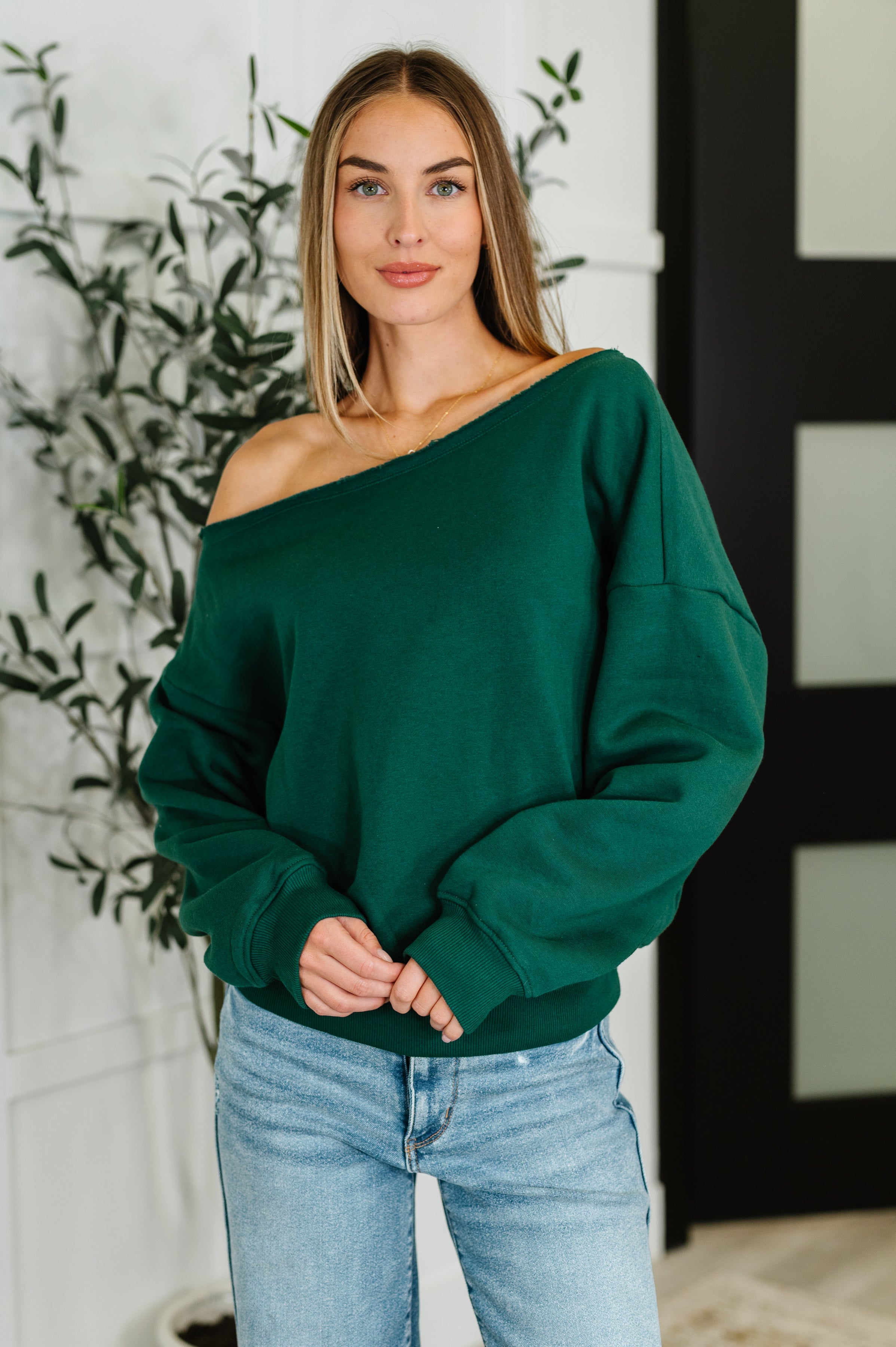 Side Hustle Off Shoulder Long Sleeve Top • Hunter Green