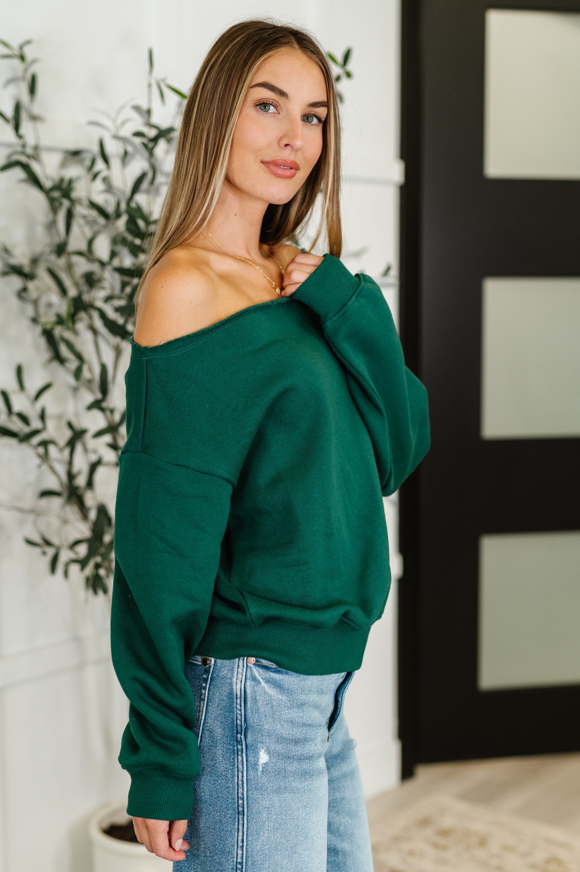 Side Hustle Off Shoulder Long Sleeve Top • Hunter Green