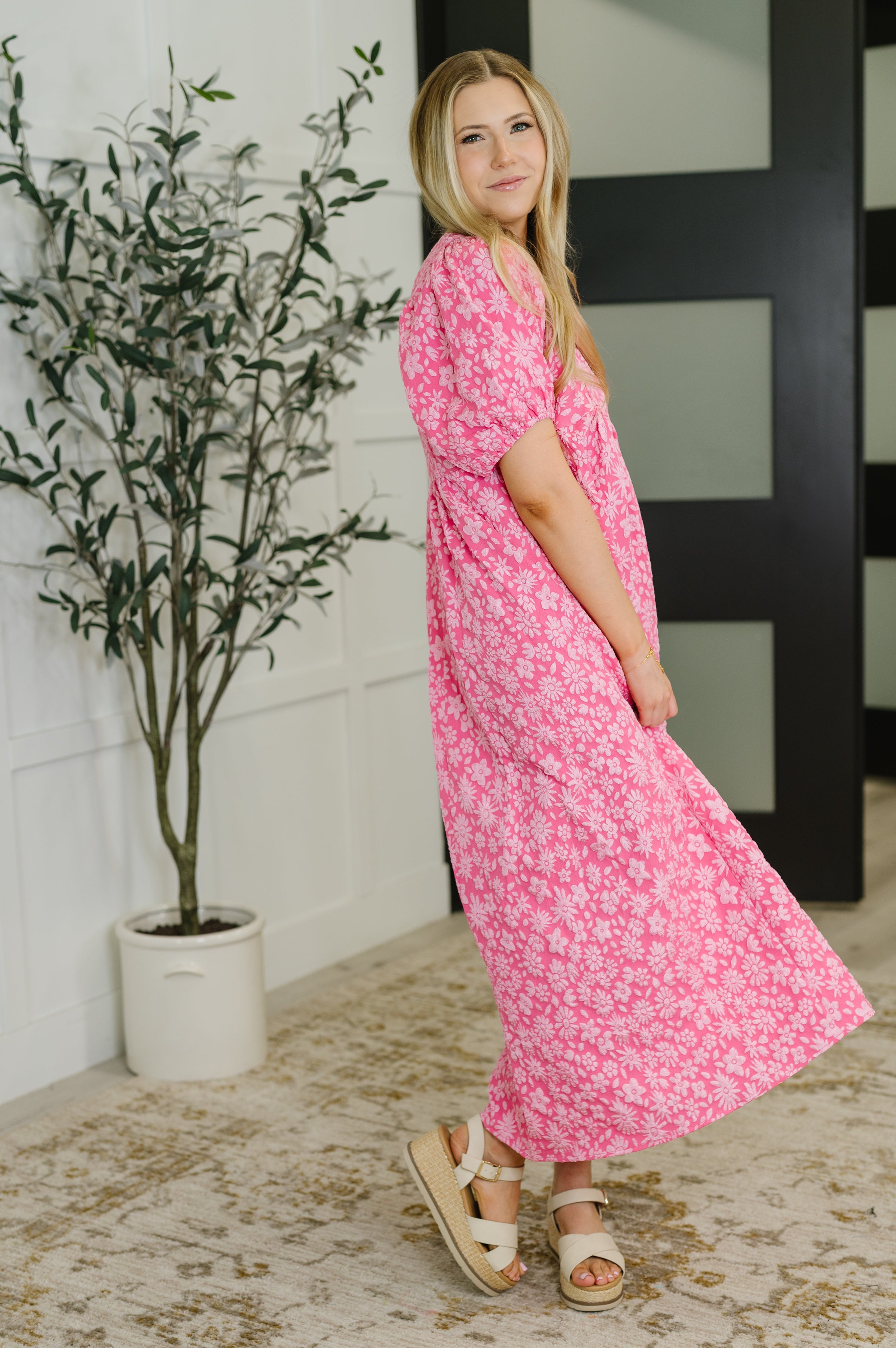 Softly Spoken Textured V-Neck Dress • Hot Pink