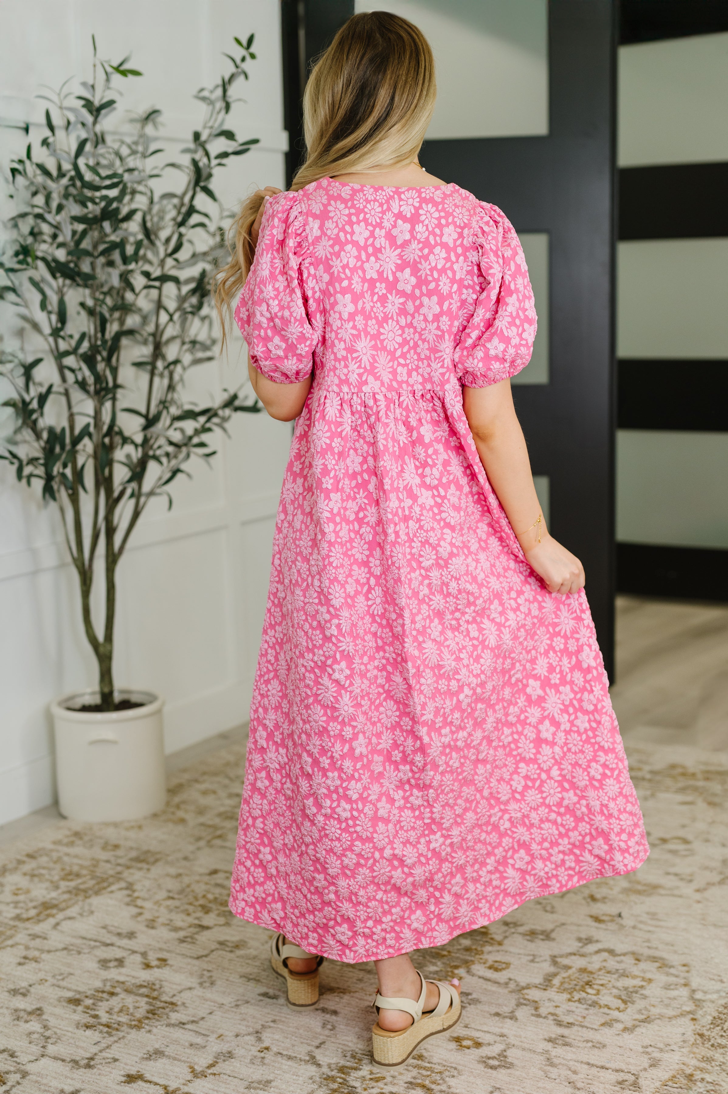 Softly Spoken Textured V-Neck Dress • Hot Pink