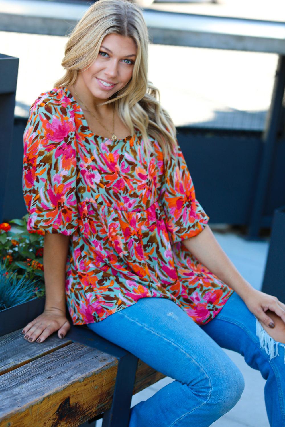 Try Me Three Quarter Sleeve Peplum Top - Atomic Wildflower