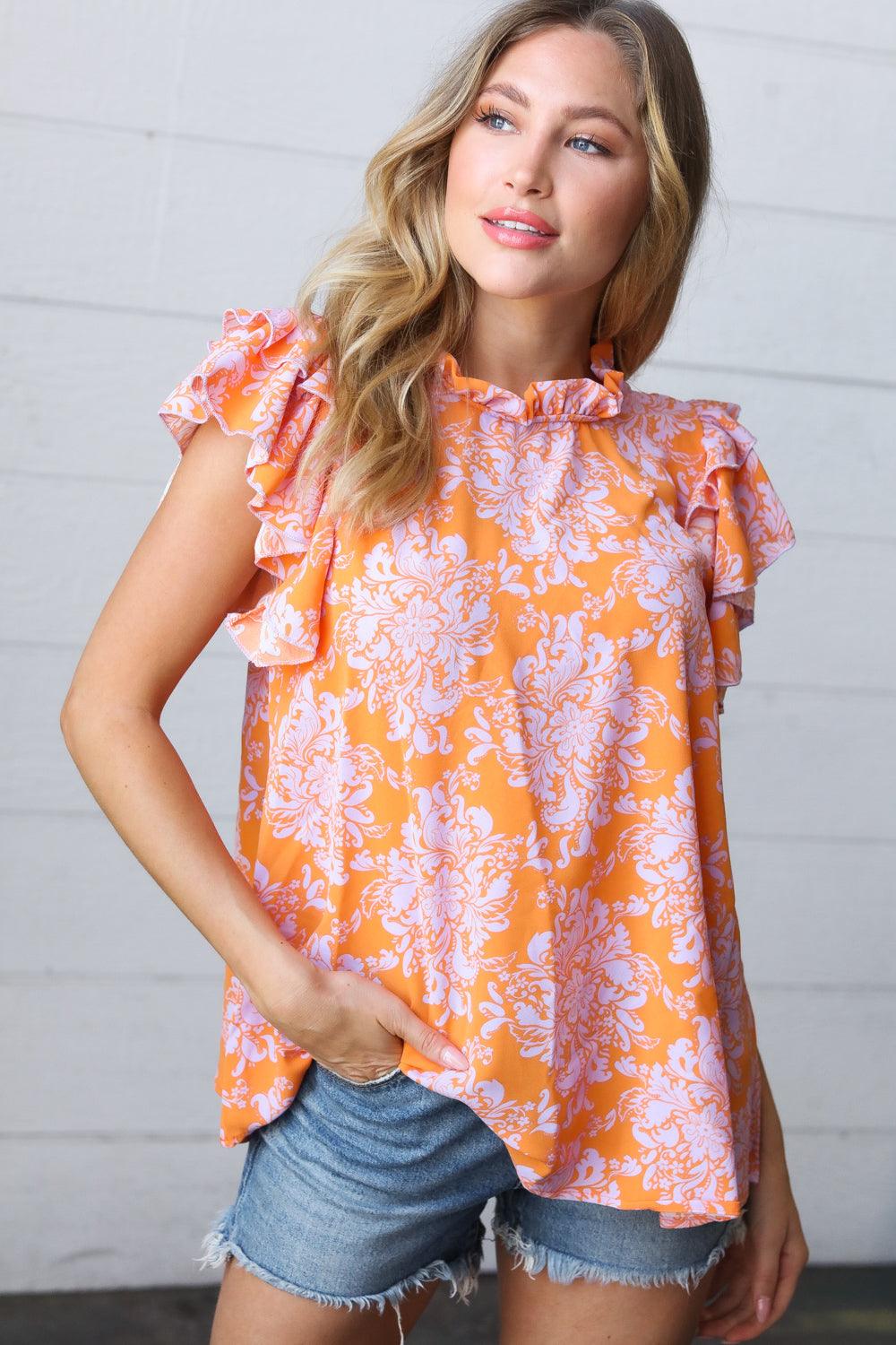 So Sweet Mock Neck Flutter Sleeve Top - Atomic Wildflower