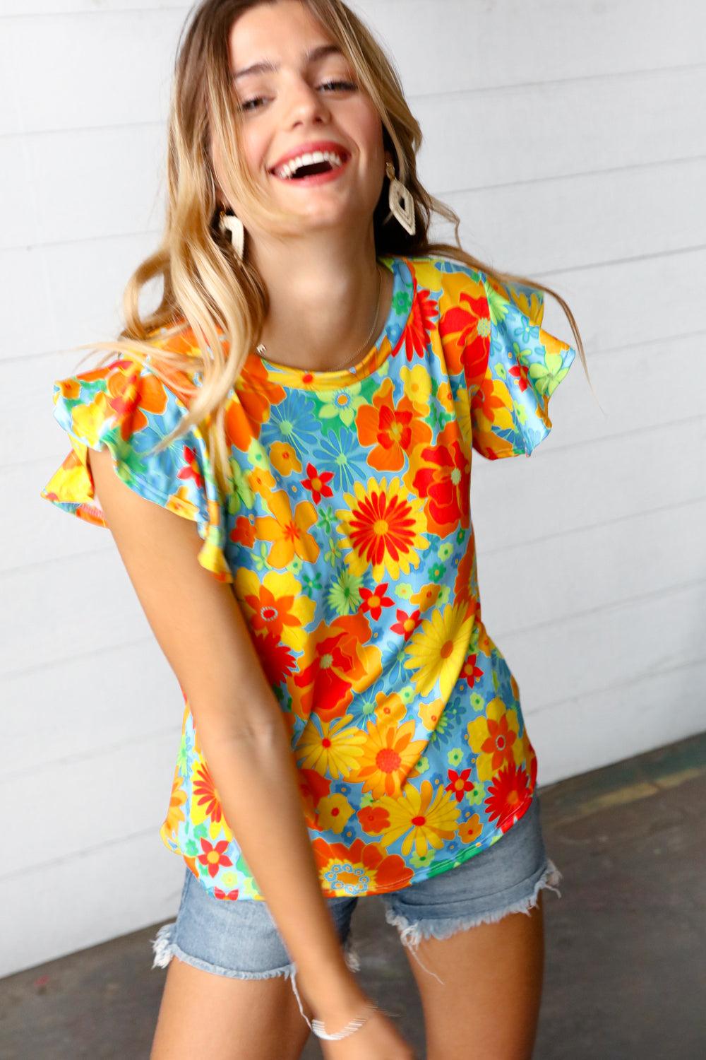 Perfect Day Floral Flutter Sleeve Top - Atomic Wildflower