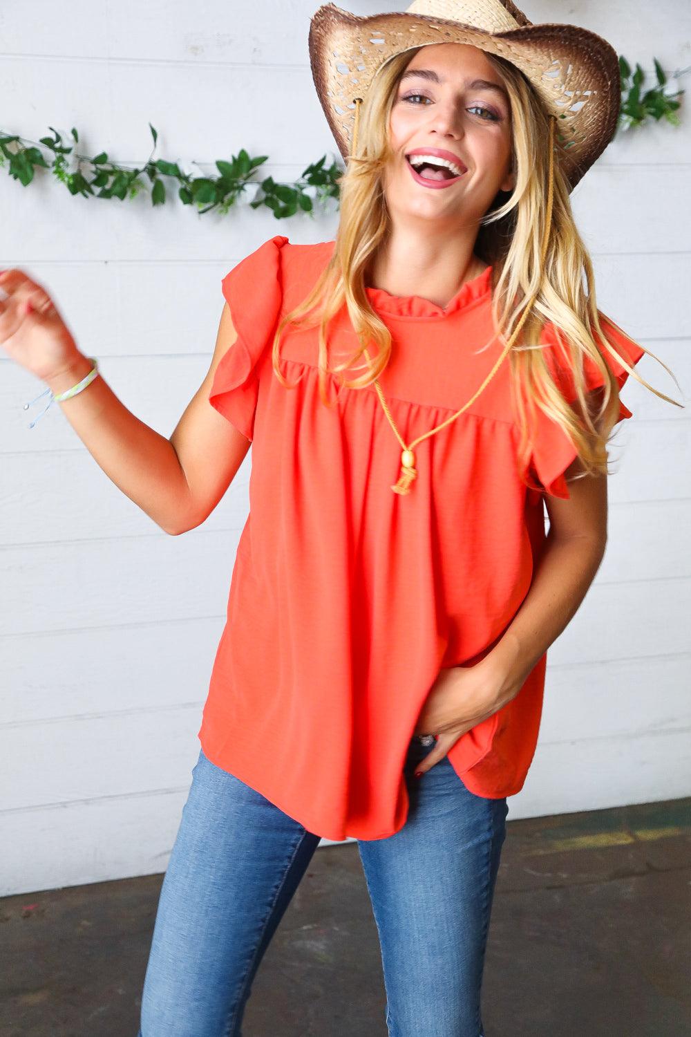 Morning Sun Mock Neck Flutter Sleeve Top - Atomic Wildflower