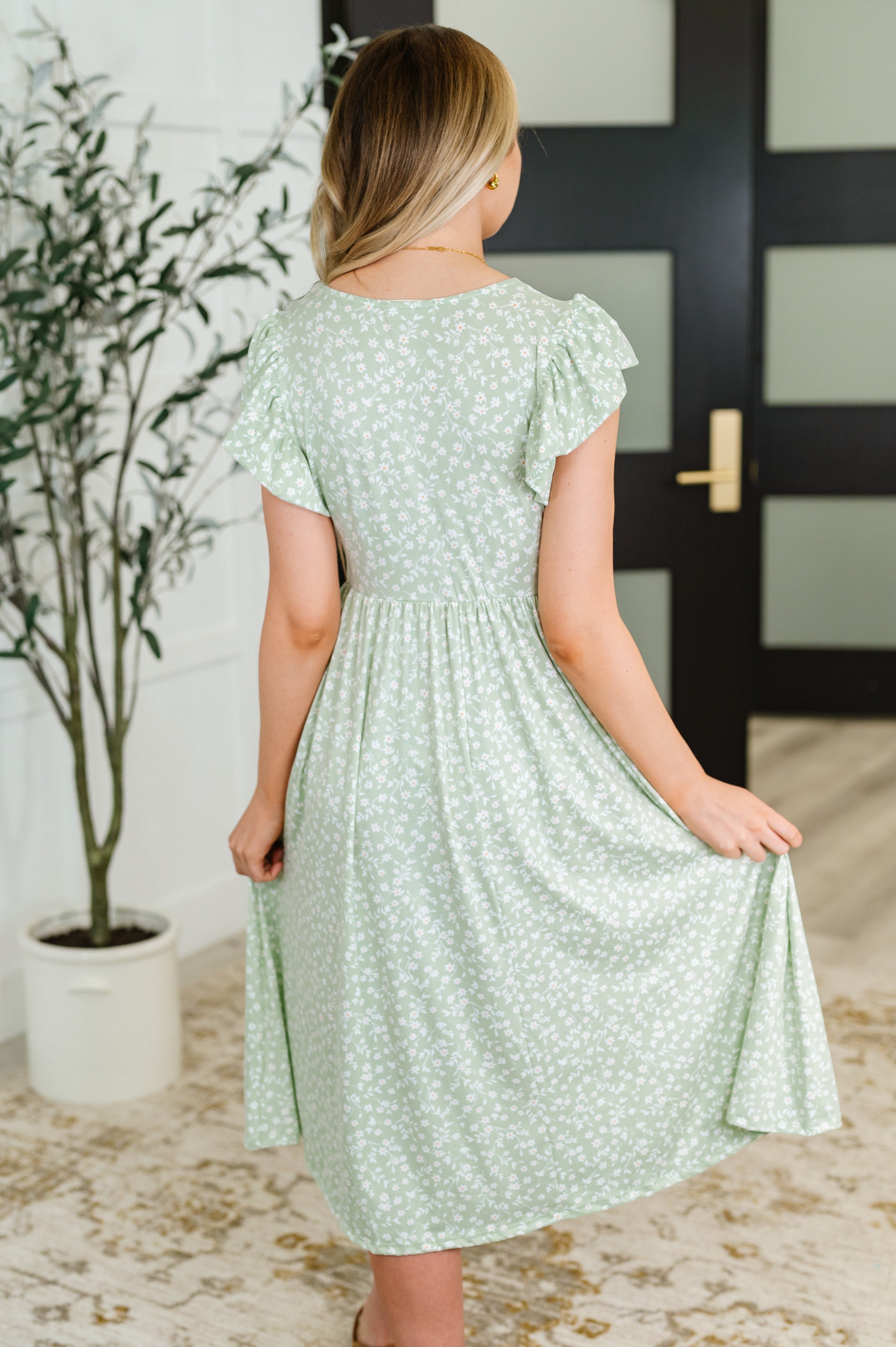 Twirl Me Softly Flutter Sleeve Dress • Sage