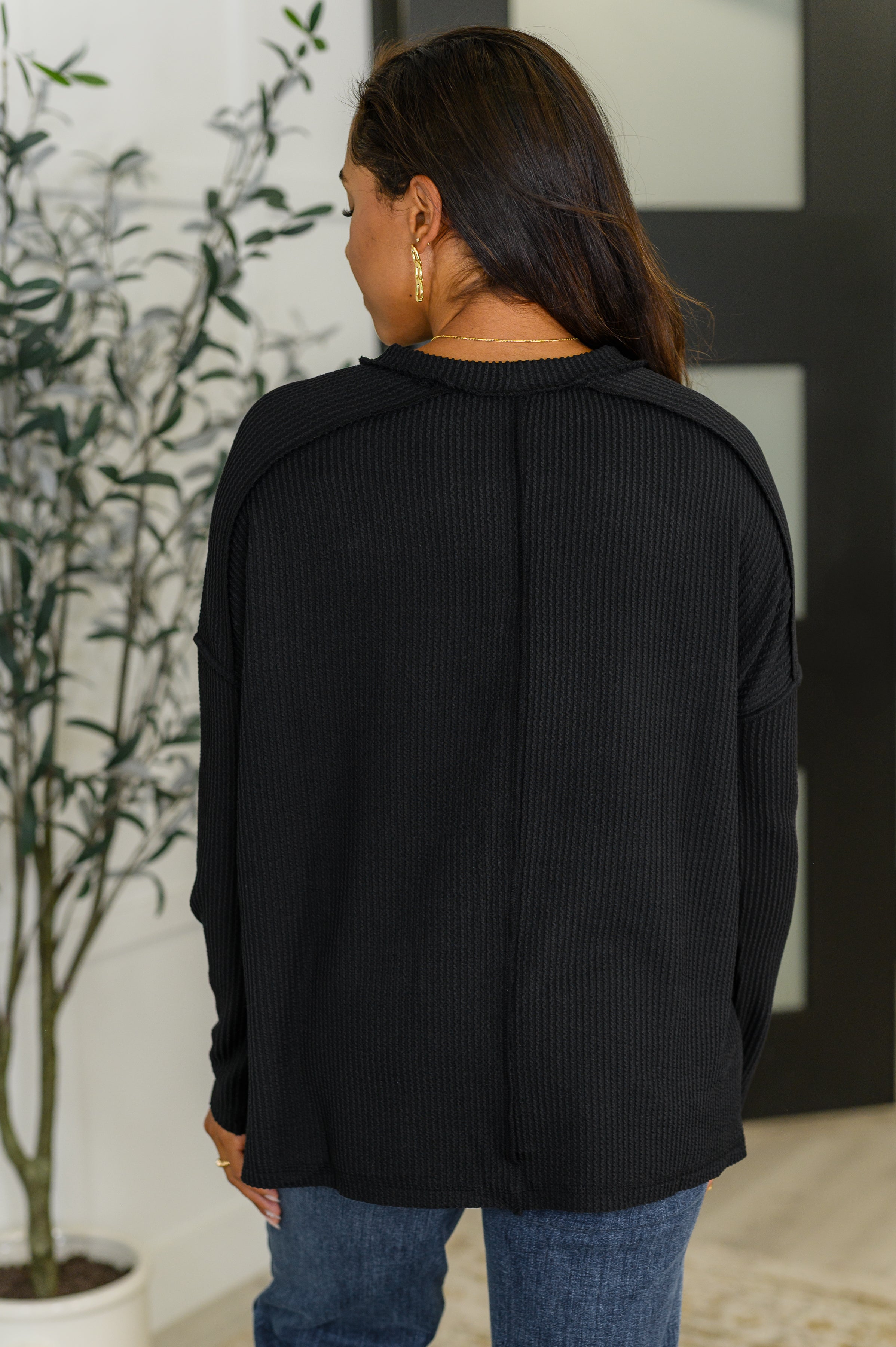 Wander & Rest Cable Ribbed Knit Drop Shoulder Top • Black