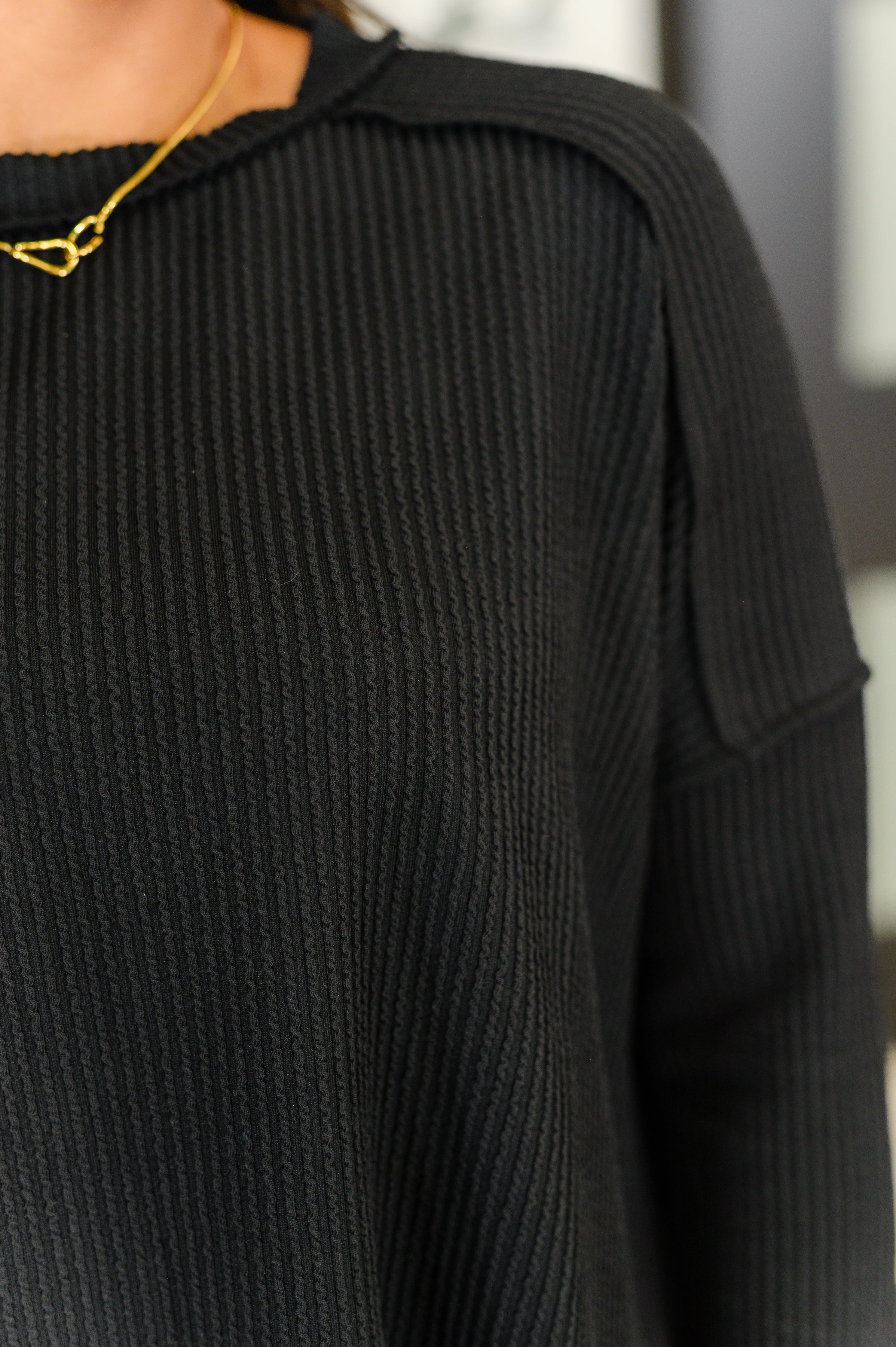 Wander & Rest Cable Ribbed Knit Drop Shoulder Top • Black