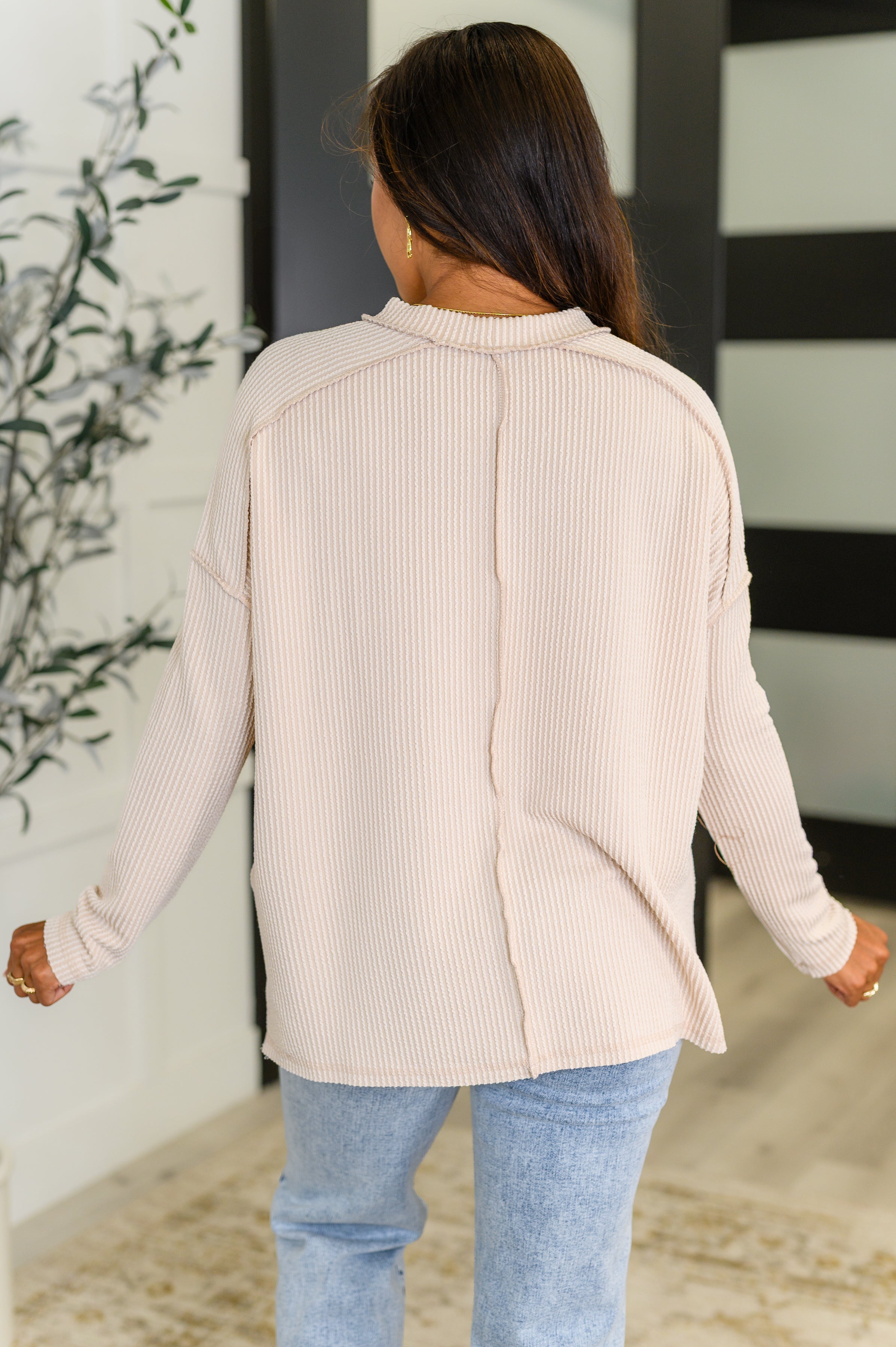 Wander & Rest Cable Ribbed Knit Drop Shoulder Top • Sand Beige