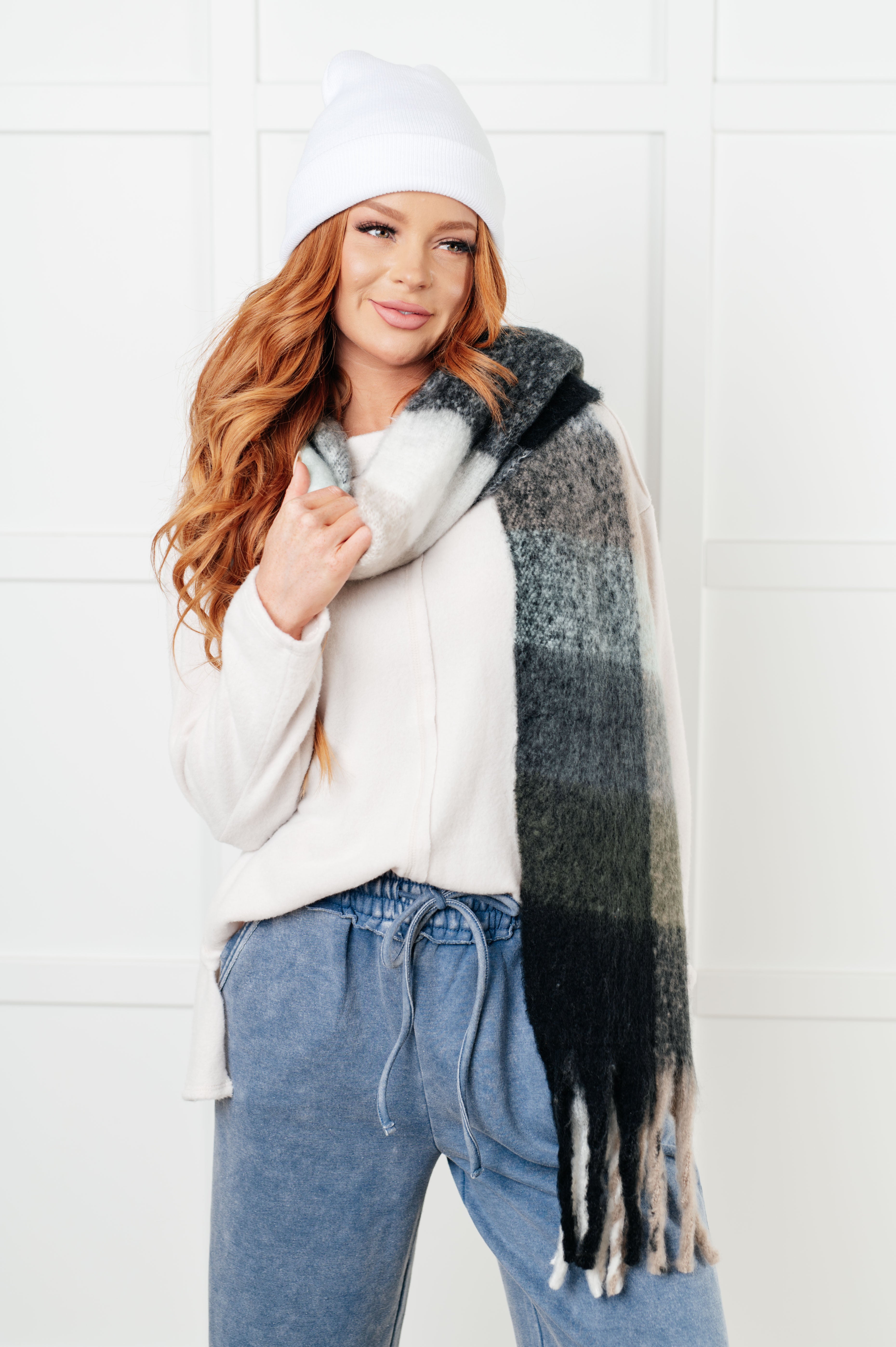 Wanderlust Wrap Oversized Plaid Fringe Scarf • Grey & Jade