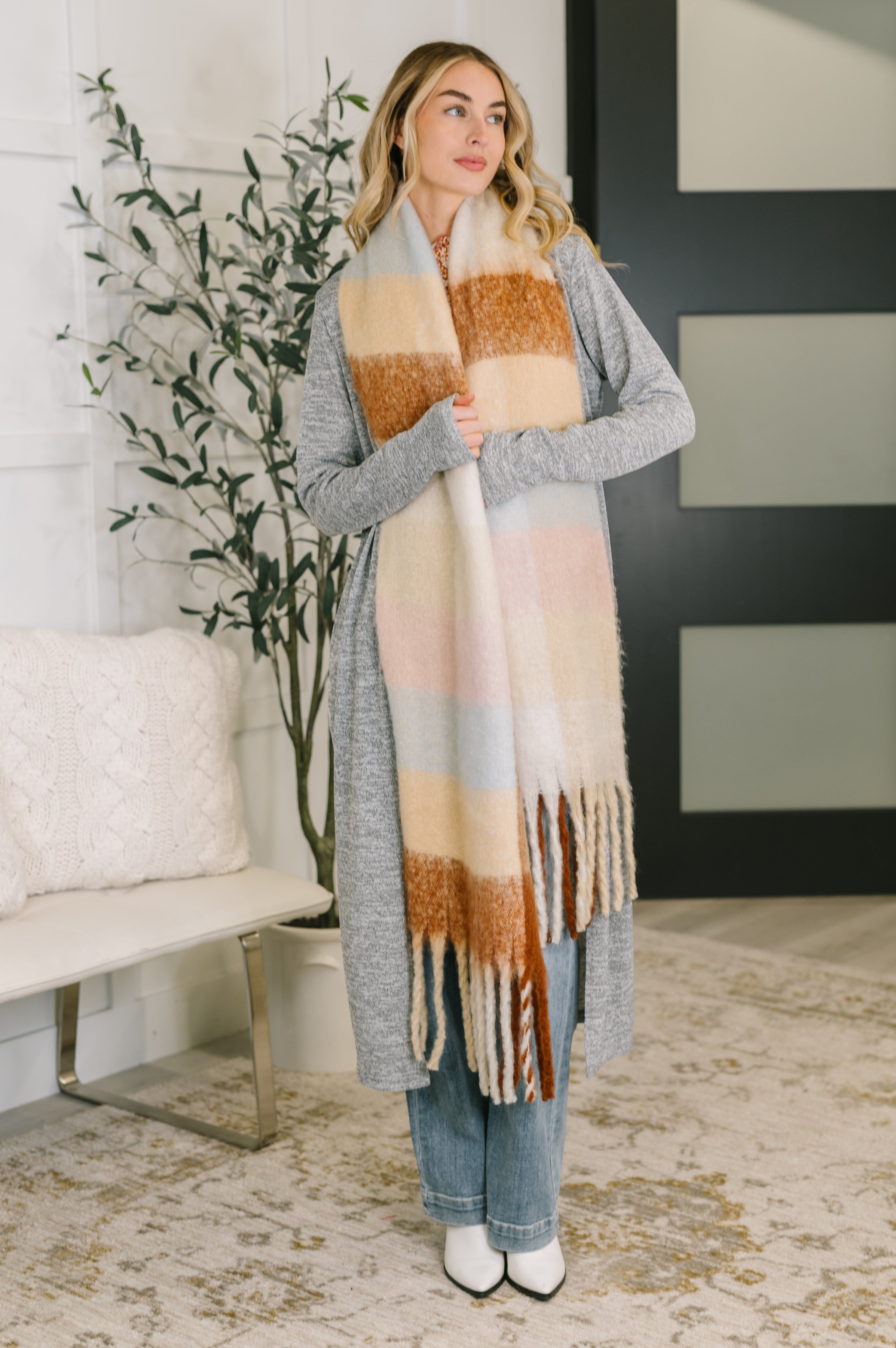 Wanderlust Wrap Oversized Plaid Fringe Scarf • Light Brown