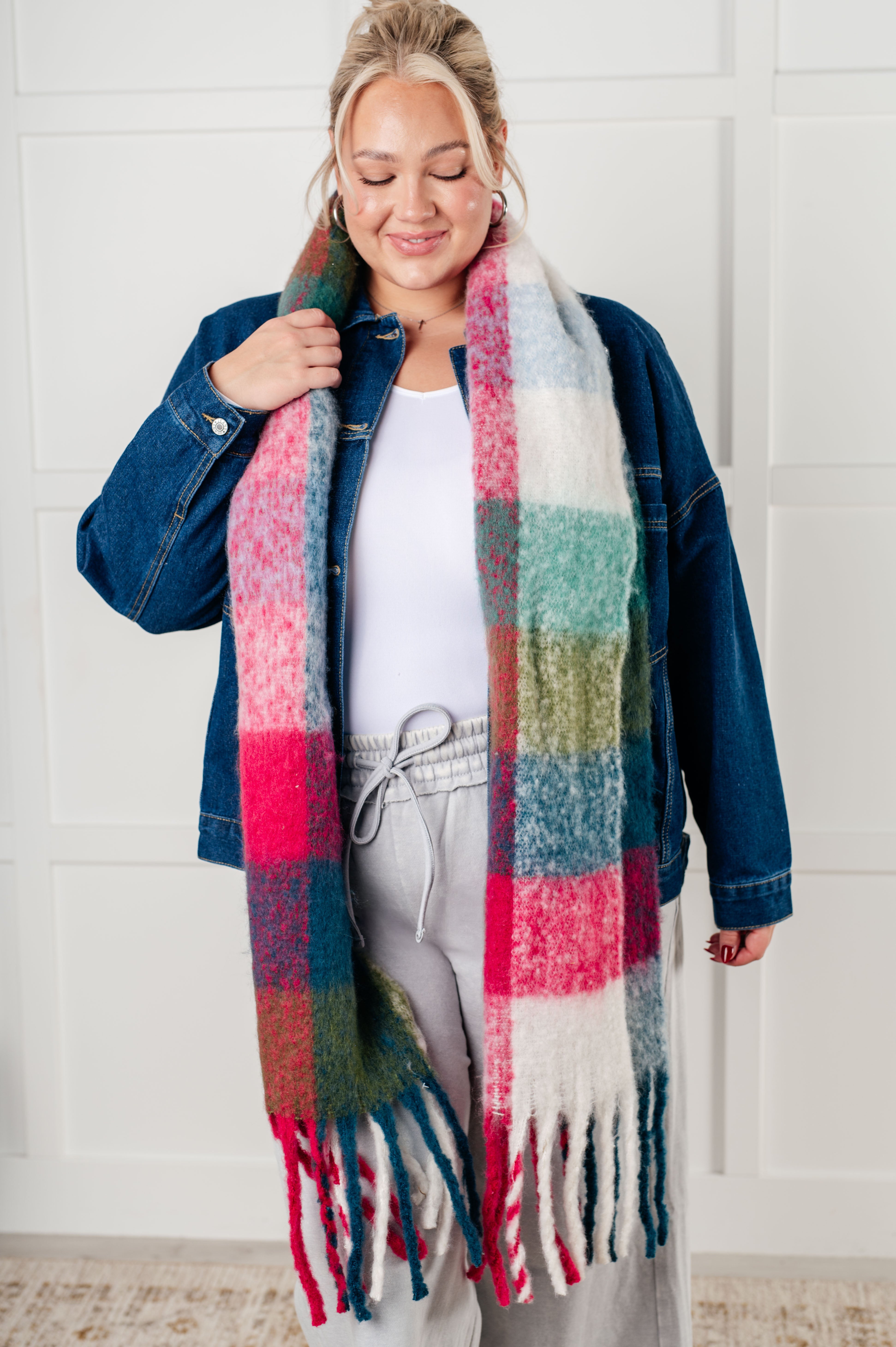 Wanderlust Wrap Oversized Plaid Fringe Scarf • Magenta & Teal
