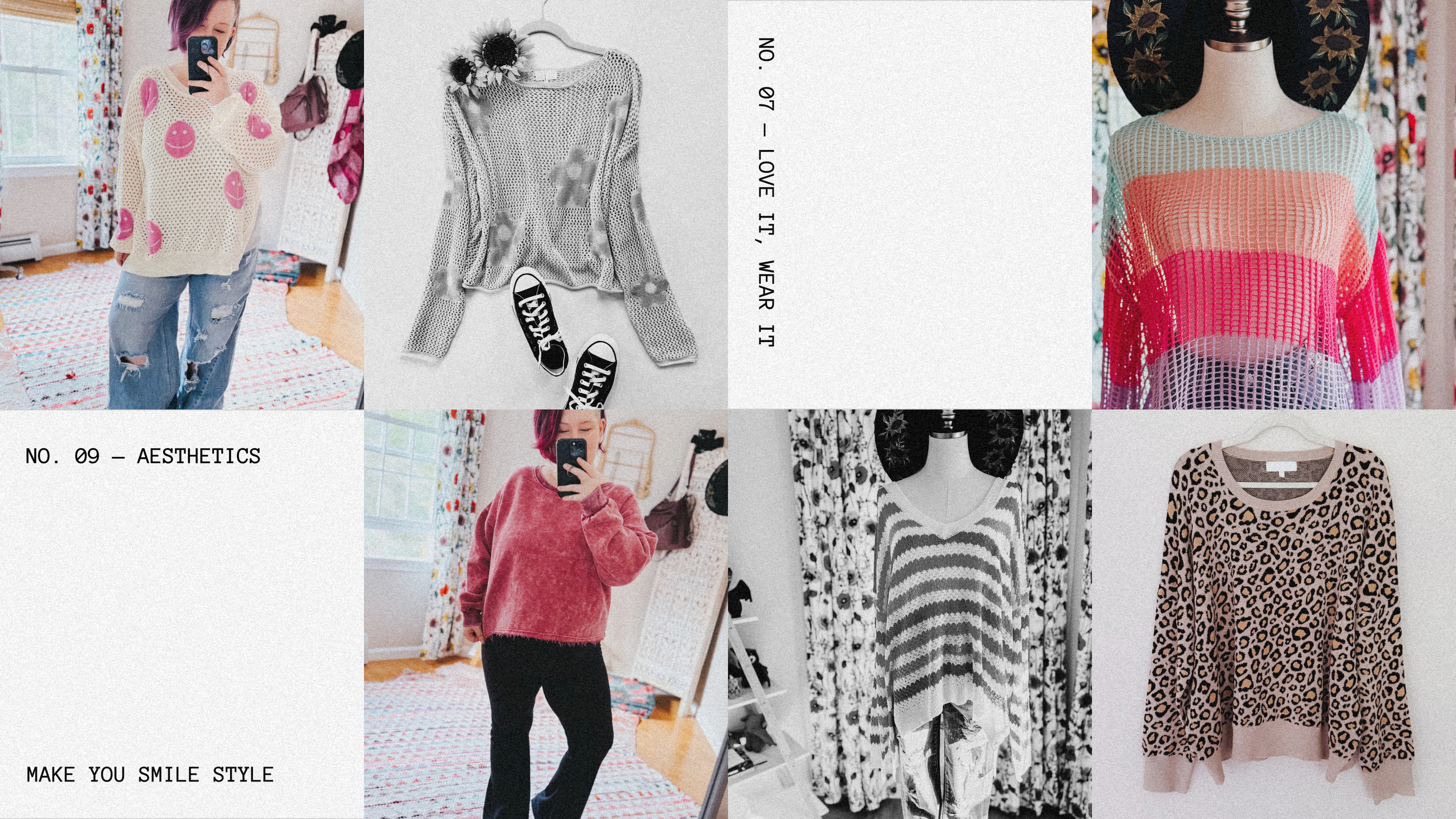 Casual fashion collage with knit sweaters, relaxed fits, and colorful tops styled on model and hanger