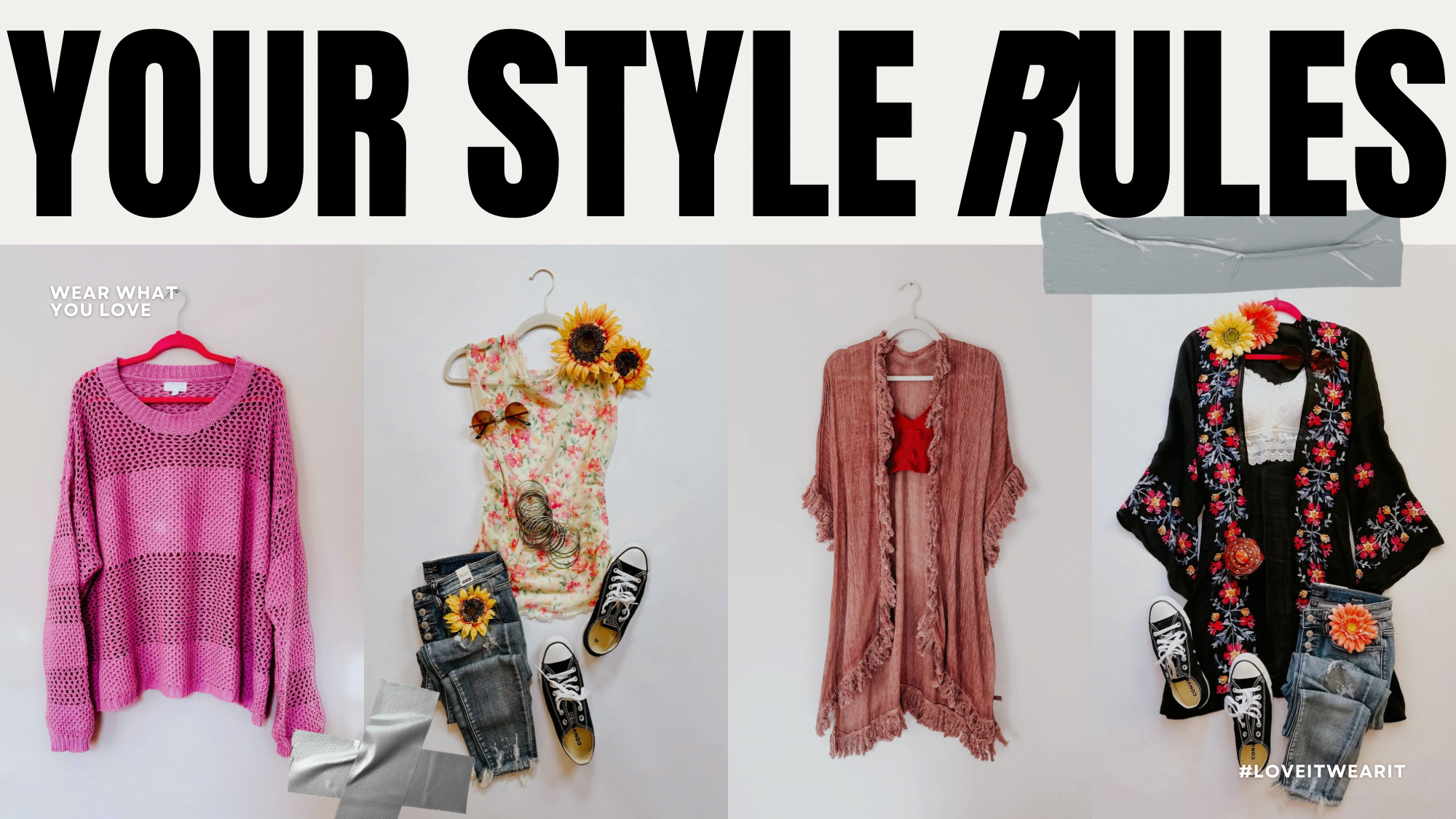 Casual fashion collage with knit sweaters, relaxed fits, and colorful tops styled on model and hanger